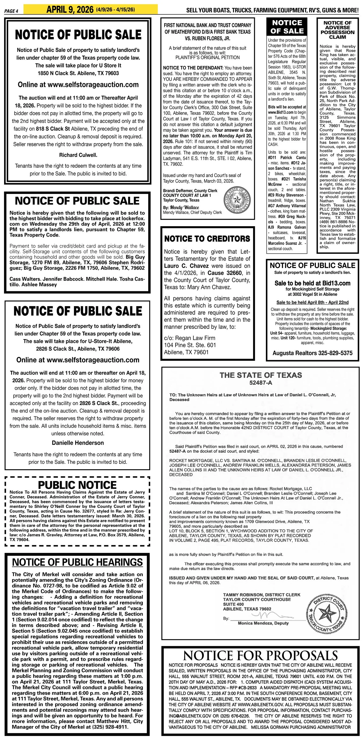 Publish public and legal notices in Abilene, Texas, and 30+ surrounding counties with fast, reliable placement in trusted Taylor County newspapers. We assist individuals, attorneys, and businesses with citation by publication, notice to creditors, ad