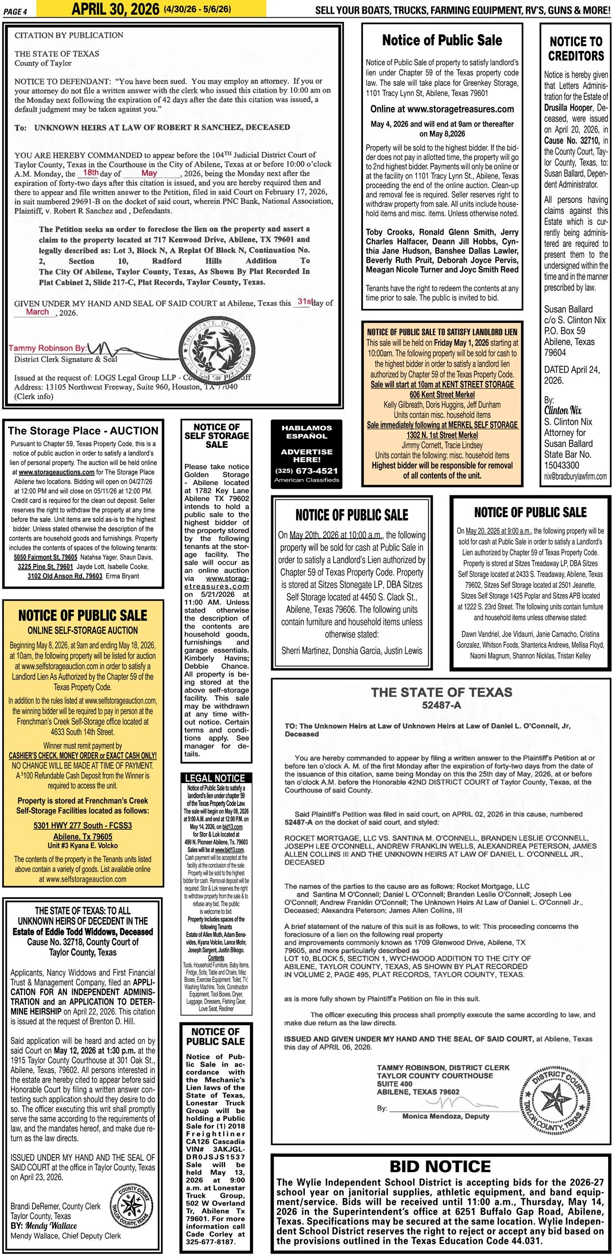 Publish public and legal notices in Abilene, Texas, and 30+ surrounding counties with fast, reliable placement in trusted Taylor County newspapers. We assist individuals, attorneys, and businesses with citation by publication, notice to creditors, ad