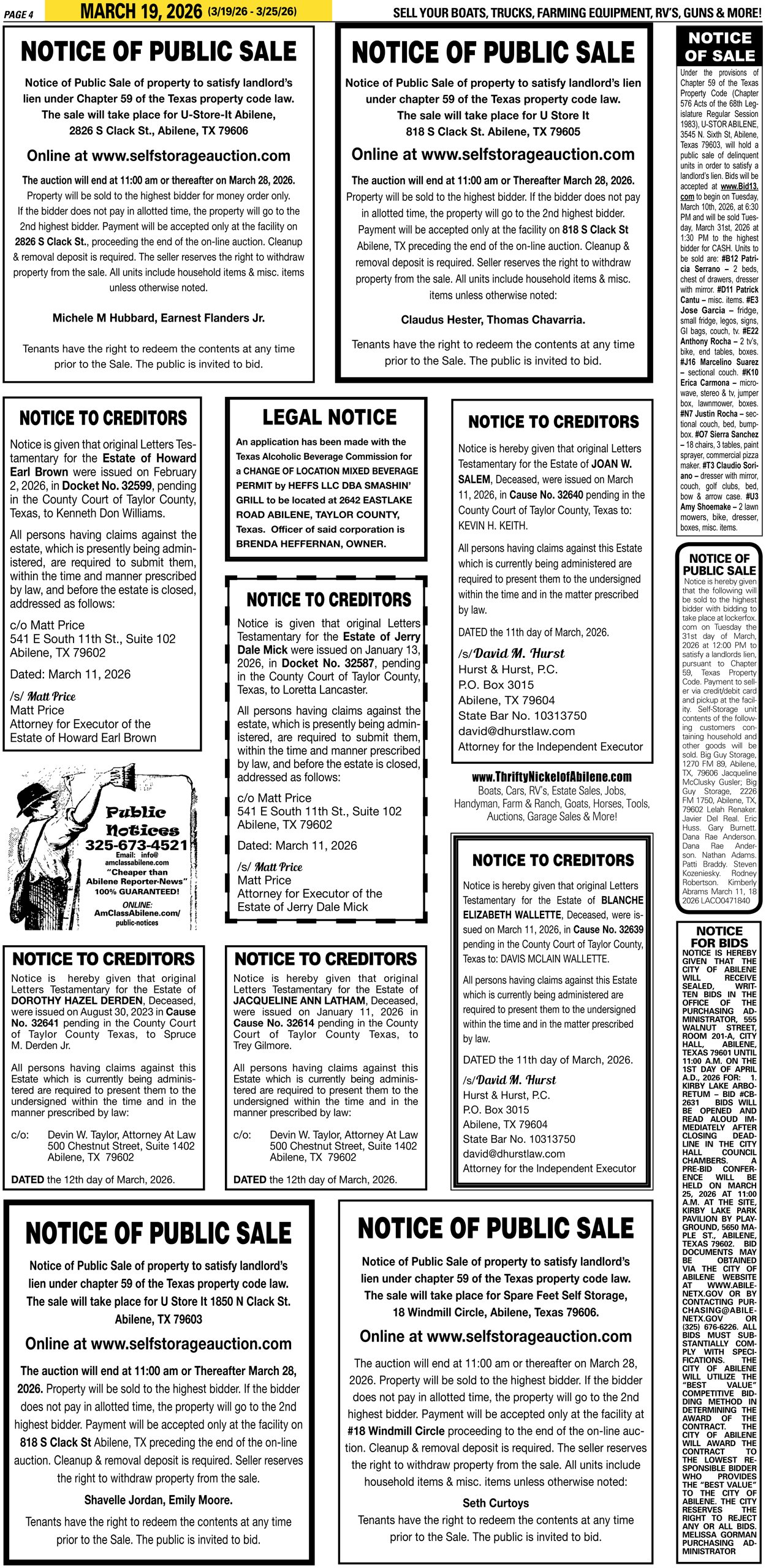 Publish public and legal notices in Abilene, Texas, and 30+ surrounding counties with fast, reliable placement in trusted Taylor County newspapers. We assist individuals, attorneys, and businesses with citation by publication, notice to creditors, ad