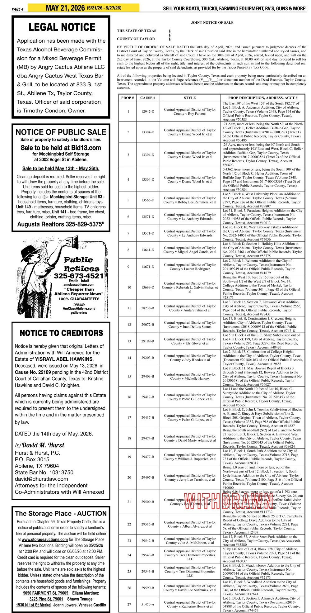 Publish public and legal notices in Abilene, Texas, and 30+ surrounding counties with fast, reliable placement in trusted Taylor County newspapers. We assist individuals, attorneys, and businesses with citation by publication, notice to creditors, ad