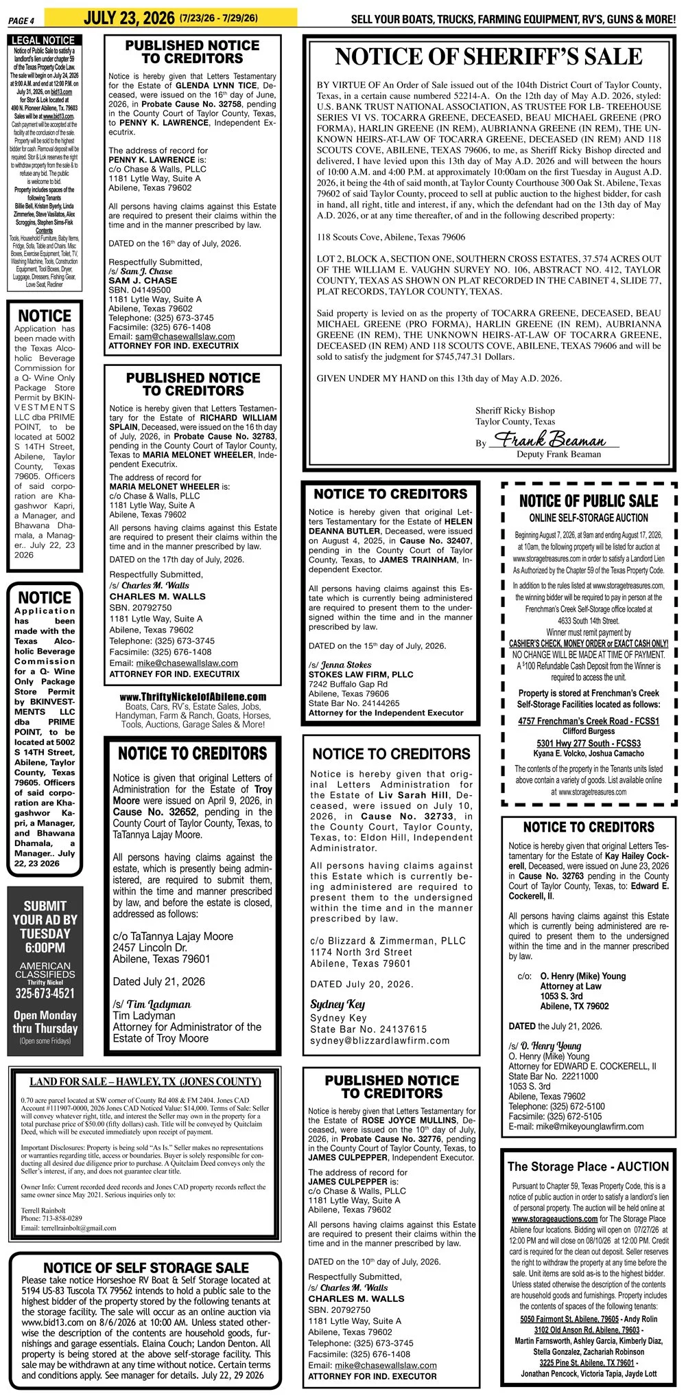 Publish public and legal notices in Abilene, Texas, and 30+ surrounding counties with fast, reliable placement in trusted Taylor County newspapers. We assist individuals, attorneys, and businesses with citation by publication, notice to creditors, ad