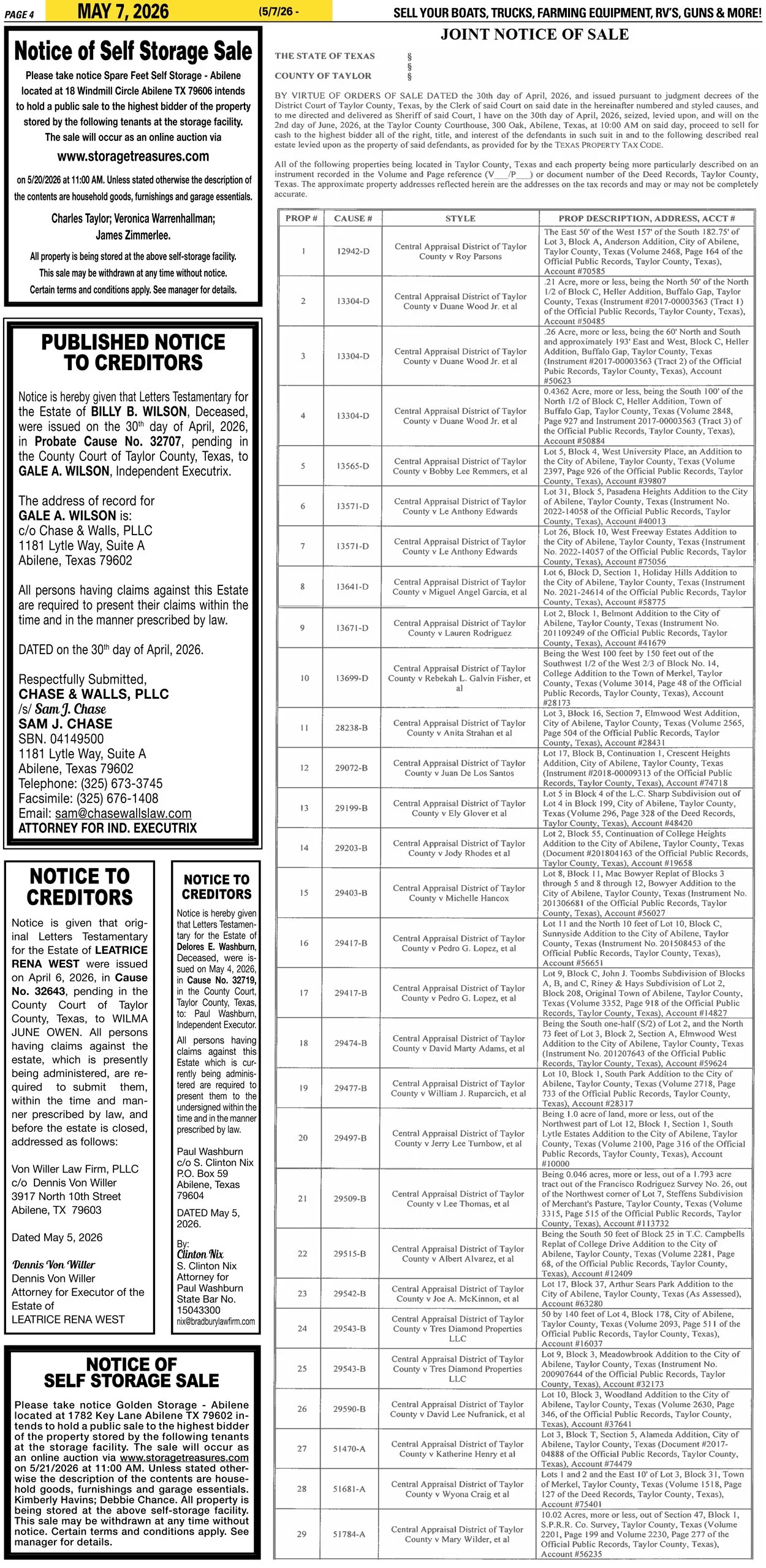 Publish public and legal notices in Abilene, Texas, and 30+ surrounding counties with fast, reliable placement in trusted Taylor County newspapers. We assist individuals, attorneys, and businesses with citation by publication, notice to creditors, ad