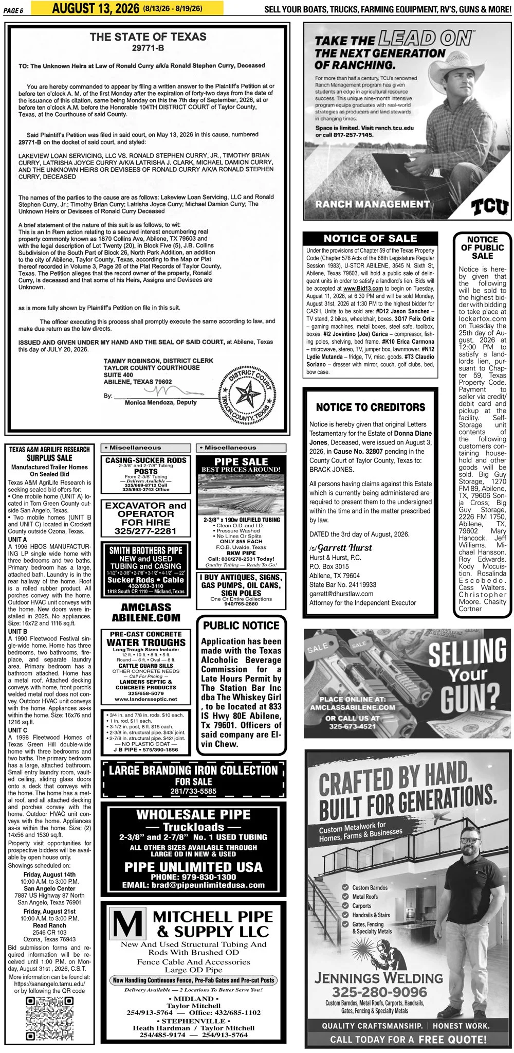 Publish public and legal notices in Abilene, Texas, and 30+ surrounding counties with fast, reliable placement in trusted Taylor County newspapers. We assist individuals, attorneys, and businesses with citation by publication, notice to creditors, ad