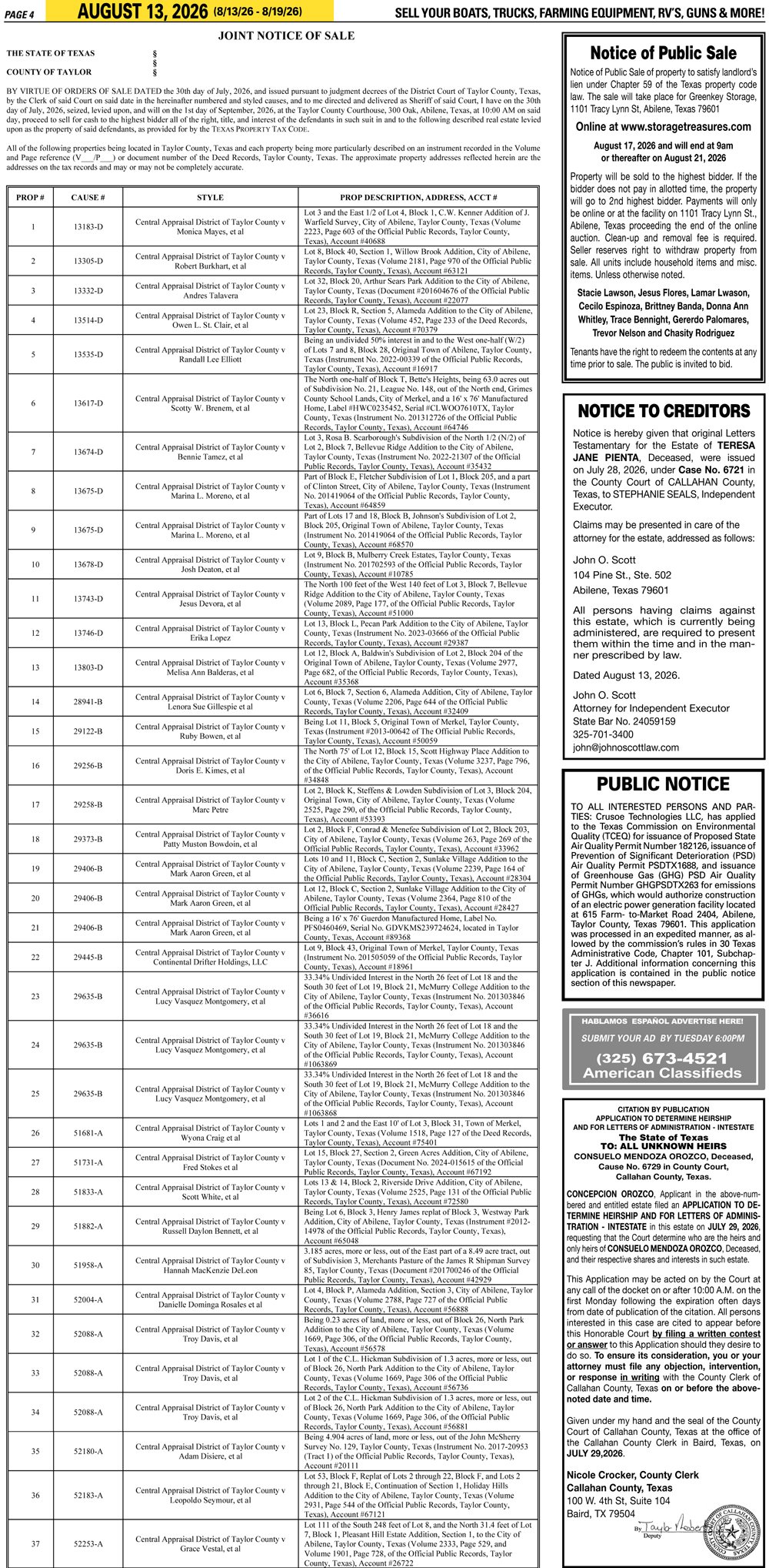 Publish public and legal notices in Abilene, Texas, and 30+ surrounding counties with fast, reliable placement in trusted Taylor County newspapers. We assist individuals, attorneys, and businesses with citation by publication, notice to creditors, ad