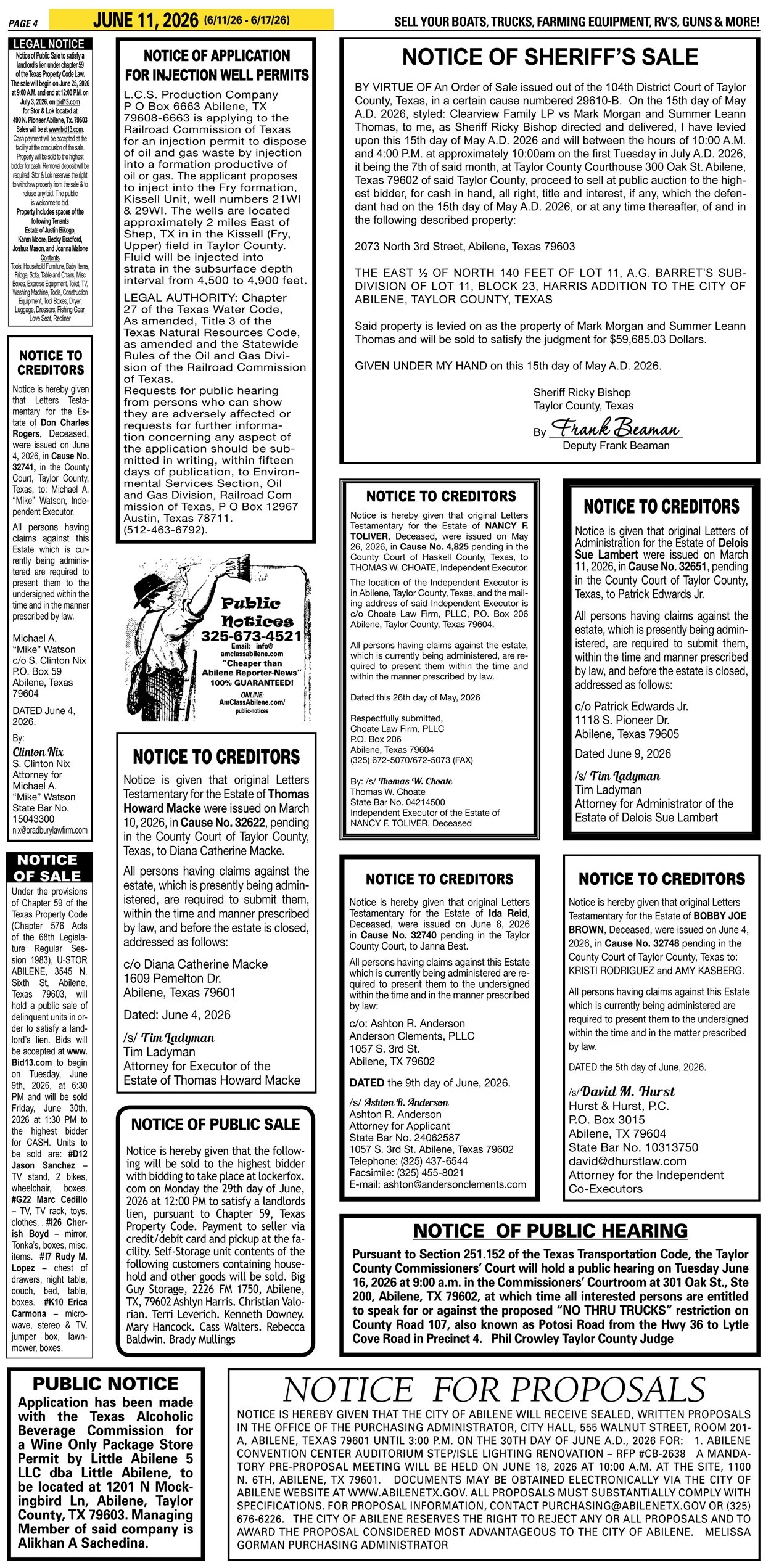 Publish public and legal notices in Abilene, Texas, and 30+ surrounding counties with fast, reliable placement in trusted Taylor County newspapers. We assist individuals, attorneys, and businesses with citation by publication, notice to creditors, ad