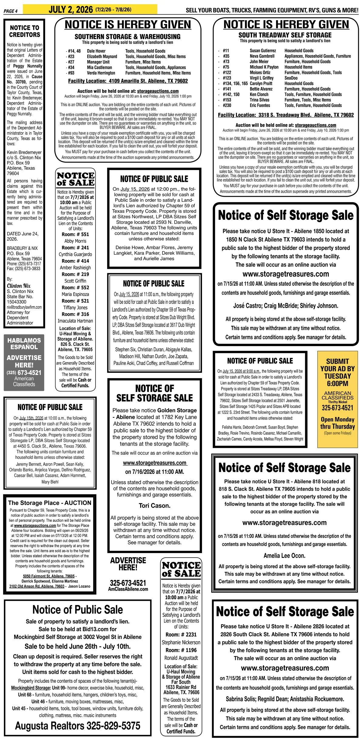 Publish public and legal notices in Abilene, Texas, and 30+ surrounding counties with fast, reliable placement in trusted Taylor County newspapers. We assist individuals, attorneys, and businesses with citation by publication, notice to creditors, ad