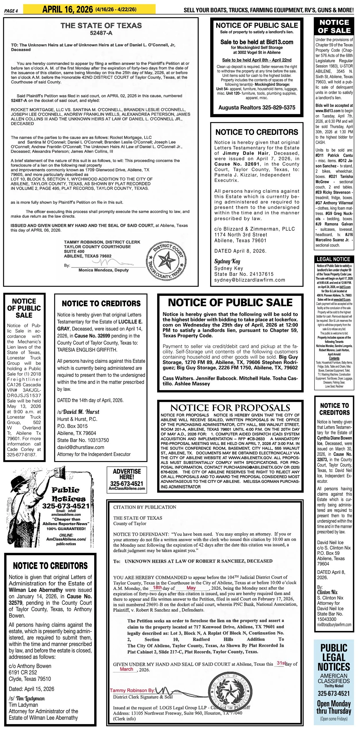 Publish public and legal notices in Abilene, Texas, and 30+ surrounding counties with fast, reliable placement in trusted Taylor County newspapers. We assist individuals, attorneys, and businesses with citation by publication, notice to creditors, ad