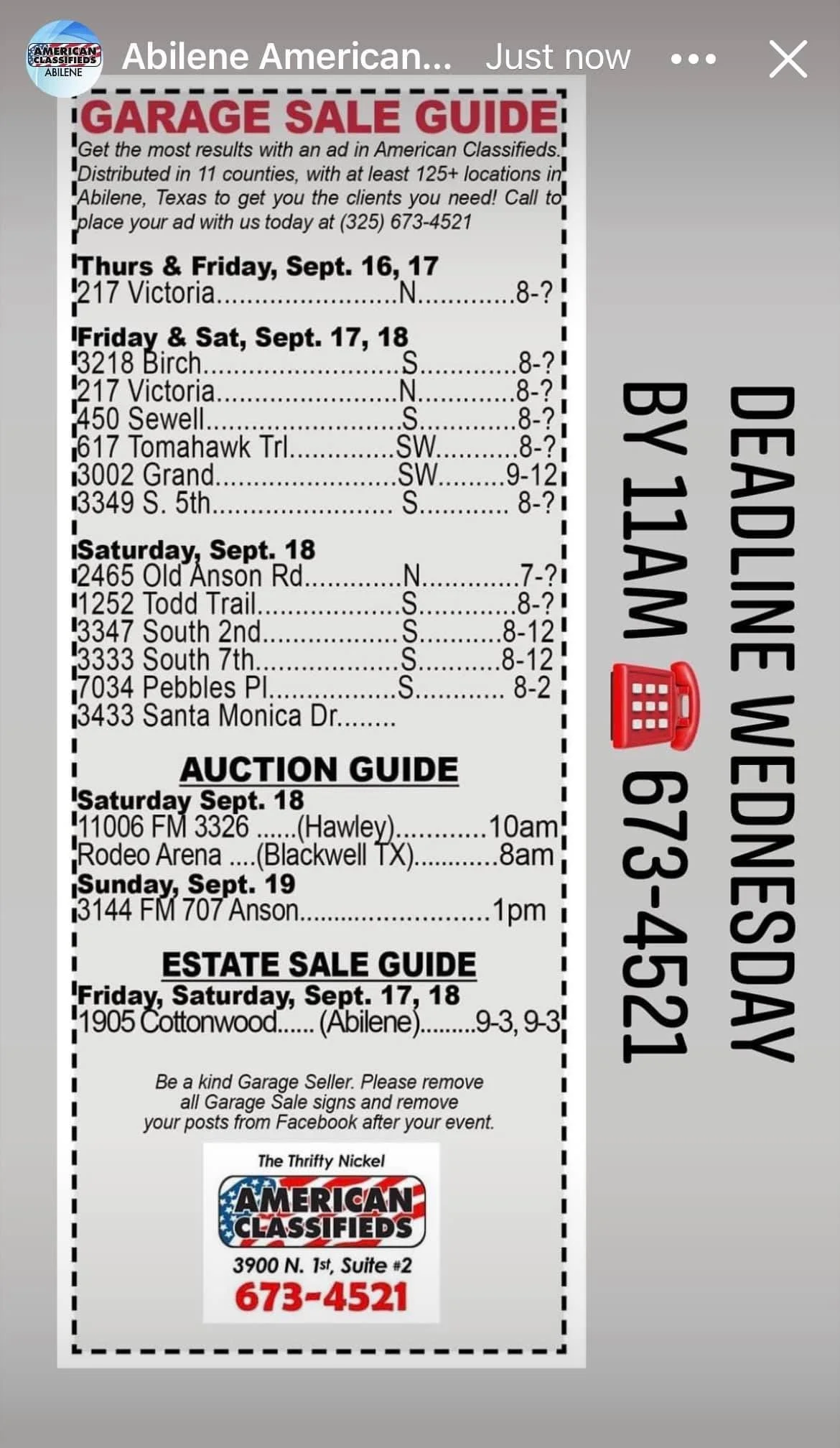 The Thrifty Nickel of Abilene Garage Sale Guide, Estate Sales