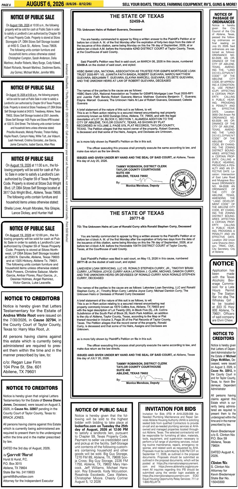 Publish public and legal notices in Abilene, Texas, and 30+ surrounding counties with fast, reliable placement in trusted Taylor County newspapers. We assist individuals, attorneys, and businesses with citation by publication, notice to creditors, ad