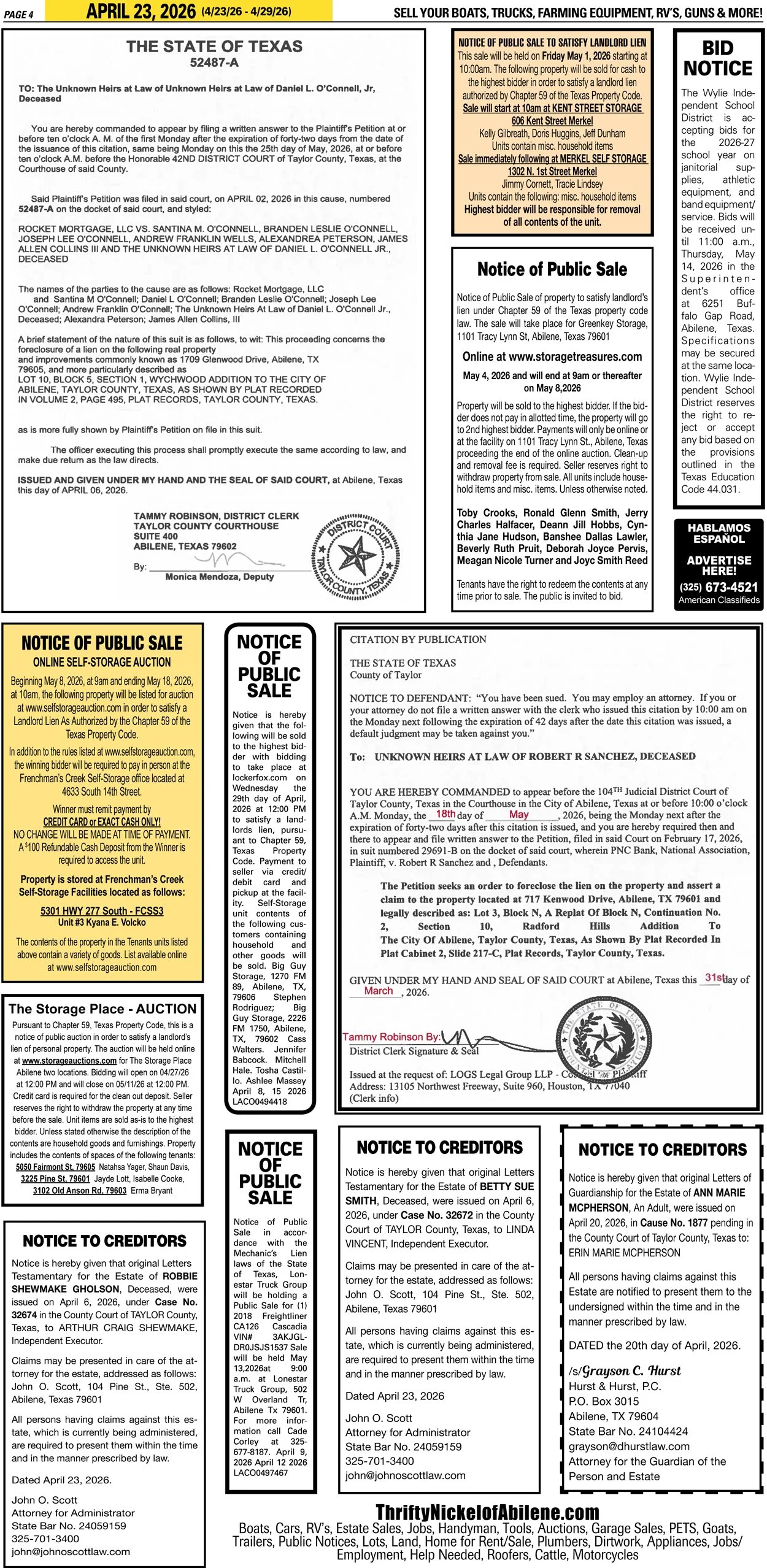 Publish public and legal notices in Abilene, Texas, and 30+ surrounding counties with fast, reliable placement in trusted Taylor County newspapers. We assist individuals, attorneys, and businesses with citation by publication, notice to creditors, ad