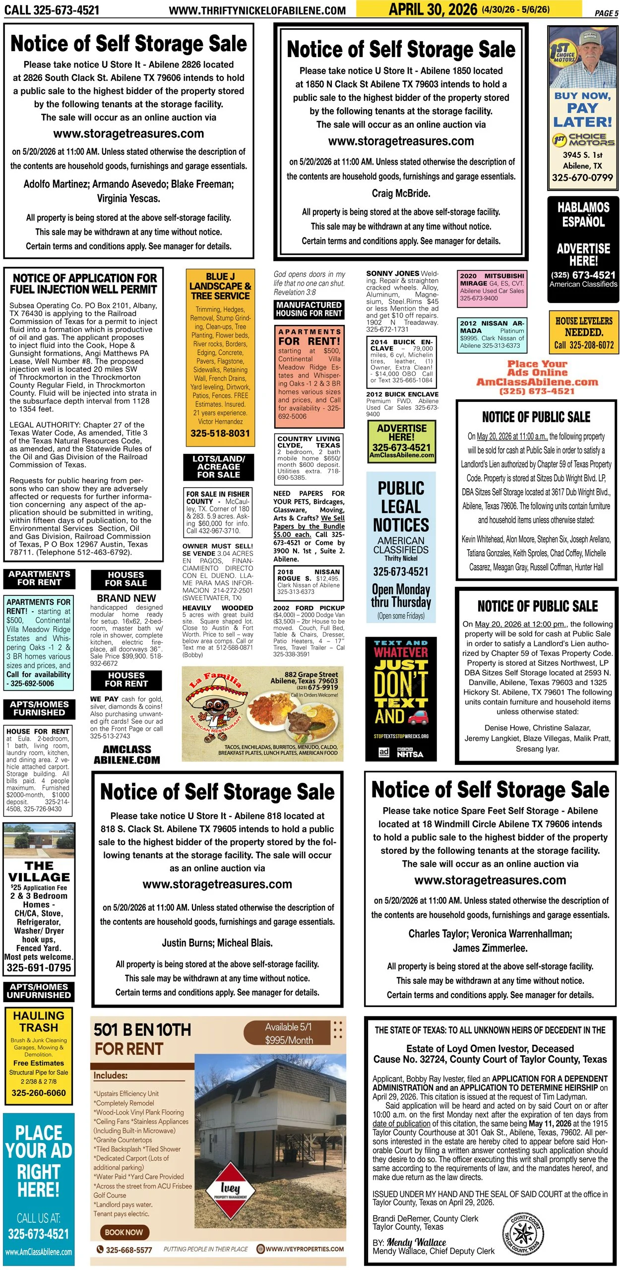 Publish public and legal notices in Abilene, Texas, and 30+ surrounding counties with fast, reliable placement in trusted Taylor County newspapers. We assist individuals, attorneys, and businesses with citation by publication, notice to creditors, ad