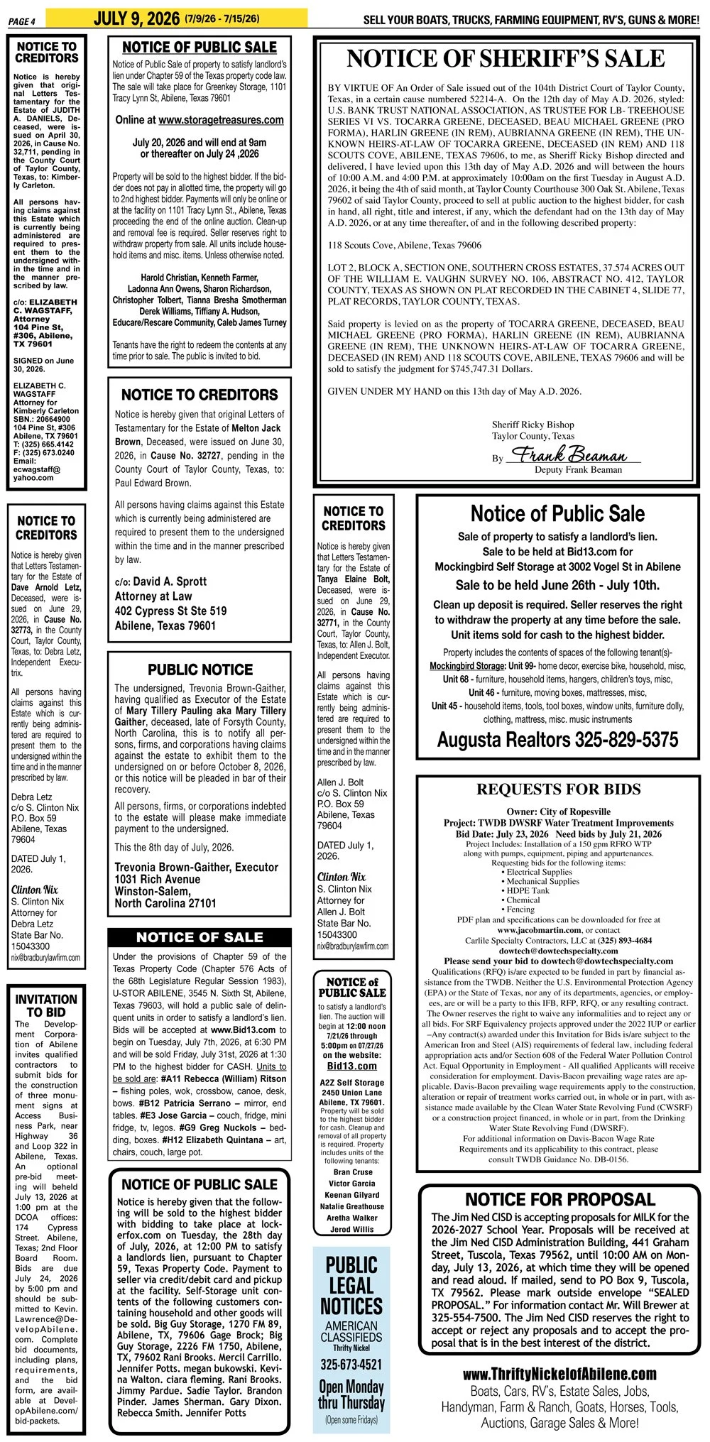 Publish public and legal notices in Abilene, Texas, and 30+ surrounding counties with fast, reliable placement in trusted Taylor County newspapers. We assist individuals, attorneys, and businesses with citation by publication, notice to creditors, ad