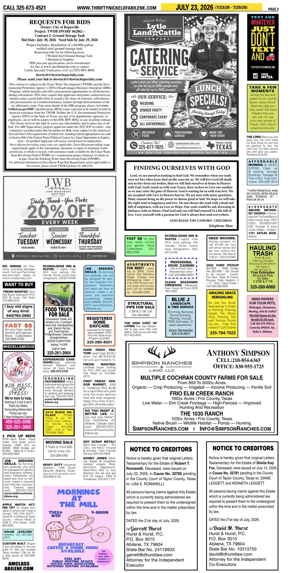 Publish public and legal notices in Abilene, Texas, and 30+ surrounding counties with fast, reliable placement in trusted Taylor County newspapers. We assist individuals, attorneys, and businesses with citation by publication, notice to creditors, ad
