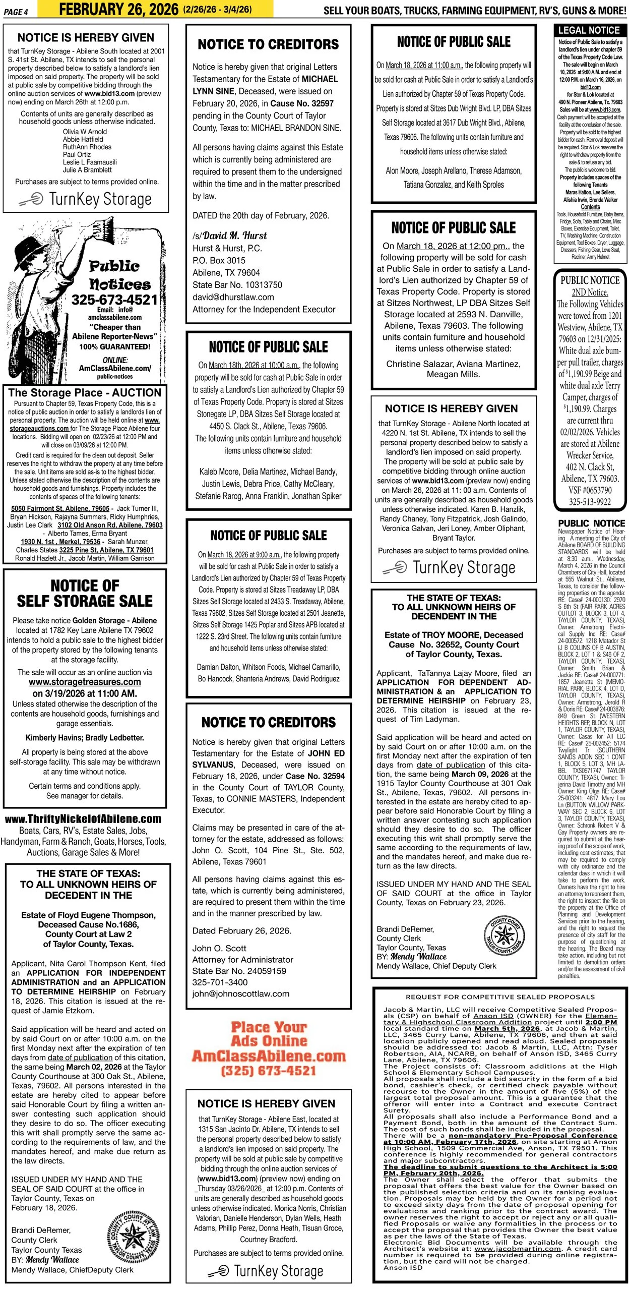 Publish public and legal notices in Abilene, Texas, and 30+ surrounding counties with fast, reliable placement in trusted Taylor County newspapers. We assist individuals, attorneys, and businesses with citation by publication, notice to creditors, ad