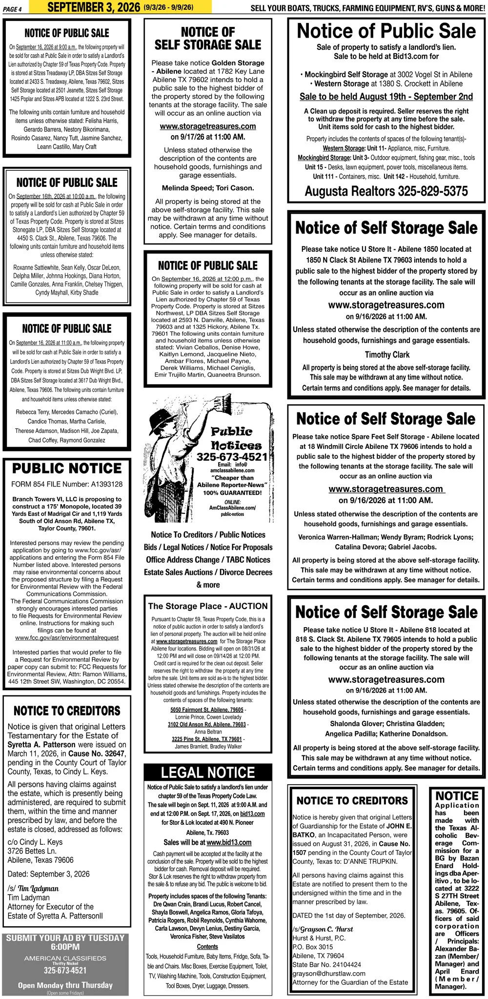Publish public and legal notices in Abilene, Texas, and 30+ surrounding counties with fast, reliable placement in trusted Taylor County newspapers. We assist individuals, attorneys, and businesses with citation by publication, notice to creditors, ad