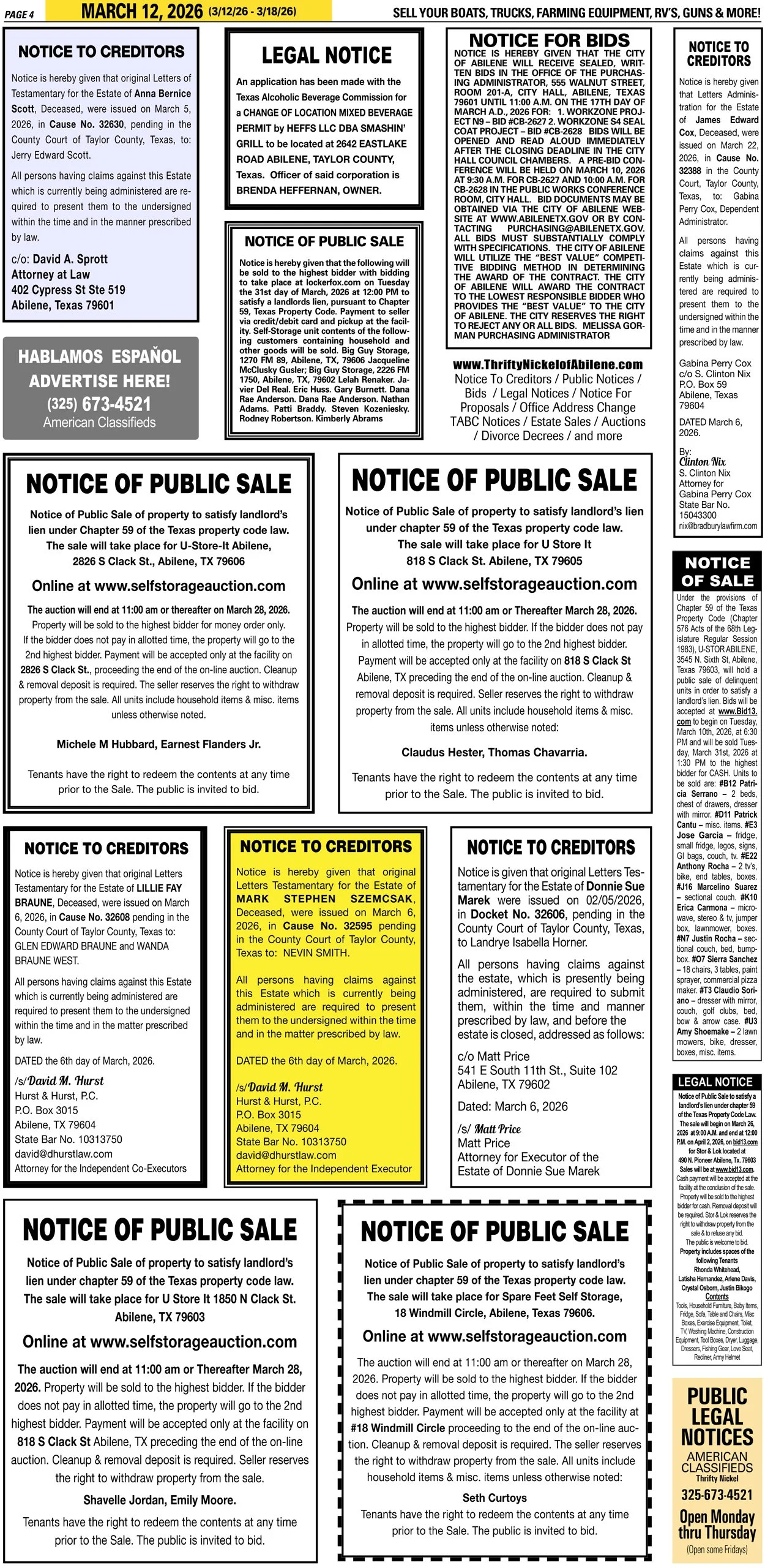 Publish public and legal notices in Abilene, Texas, and 30+ surrounding counties with fast, reliable placement in trusted Taylor County newspapers. We assist individuals, attorneys, and businesses with citation by publication, notice to creditors, ad