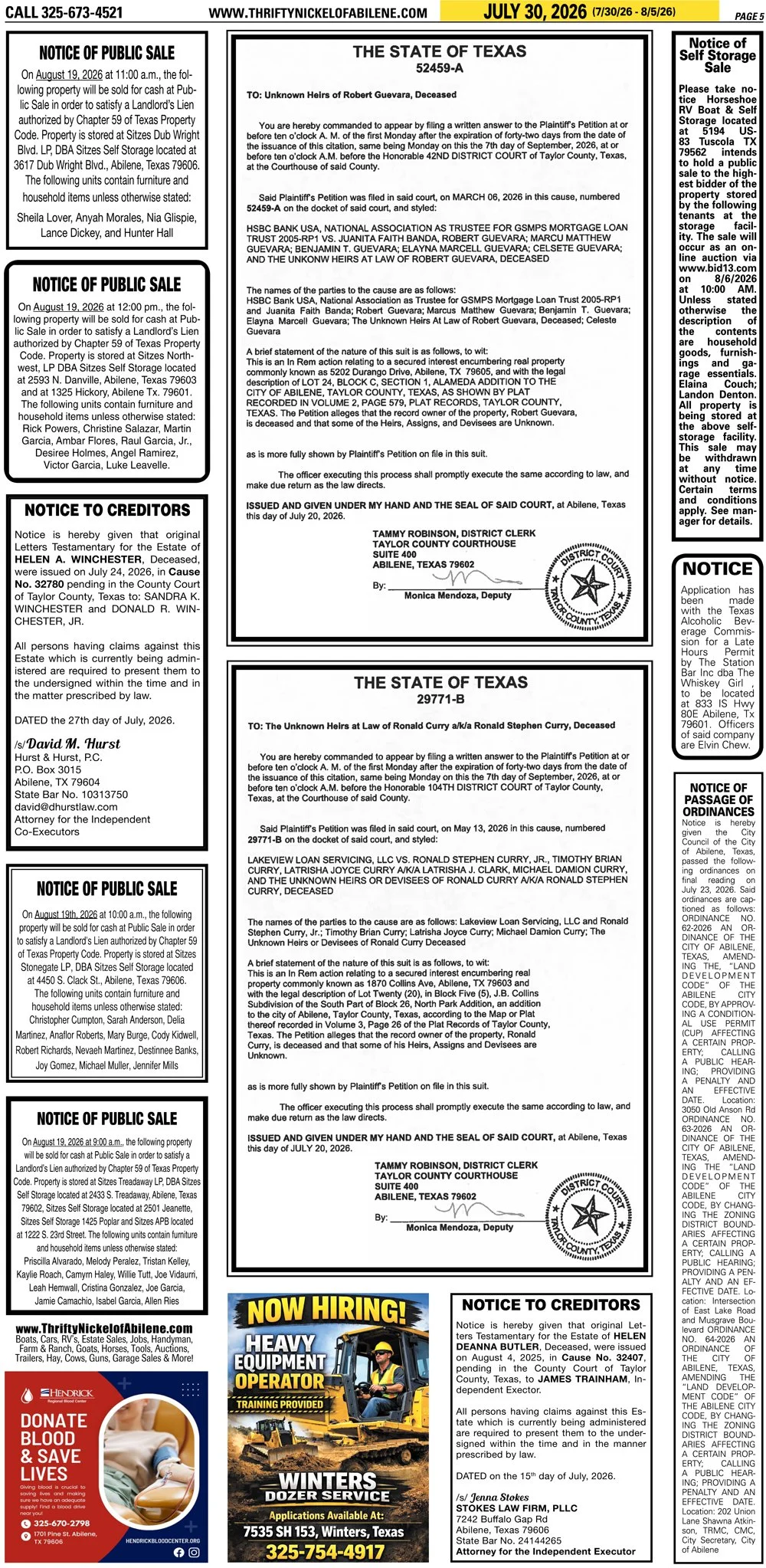 Publish public and legal notices in Abilene, Texas, and 30+ surrounding counties with fast, reliable placement in trusted Taylor County newspapers. We assist individuals, attorneys, and businesses with citation by publication, notice to creditors, ad