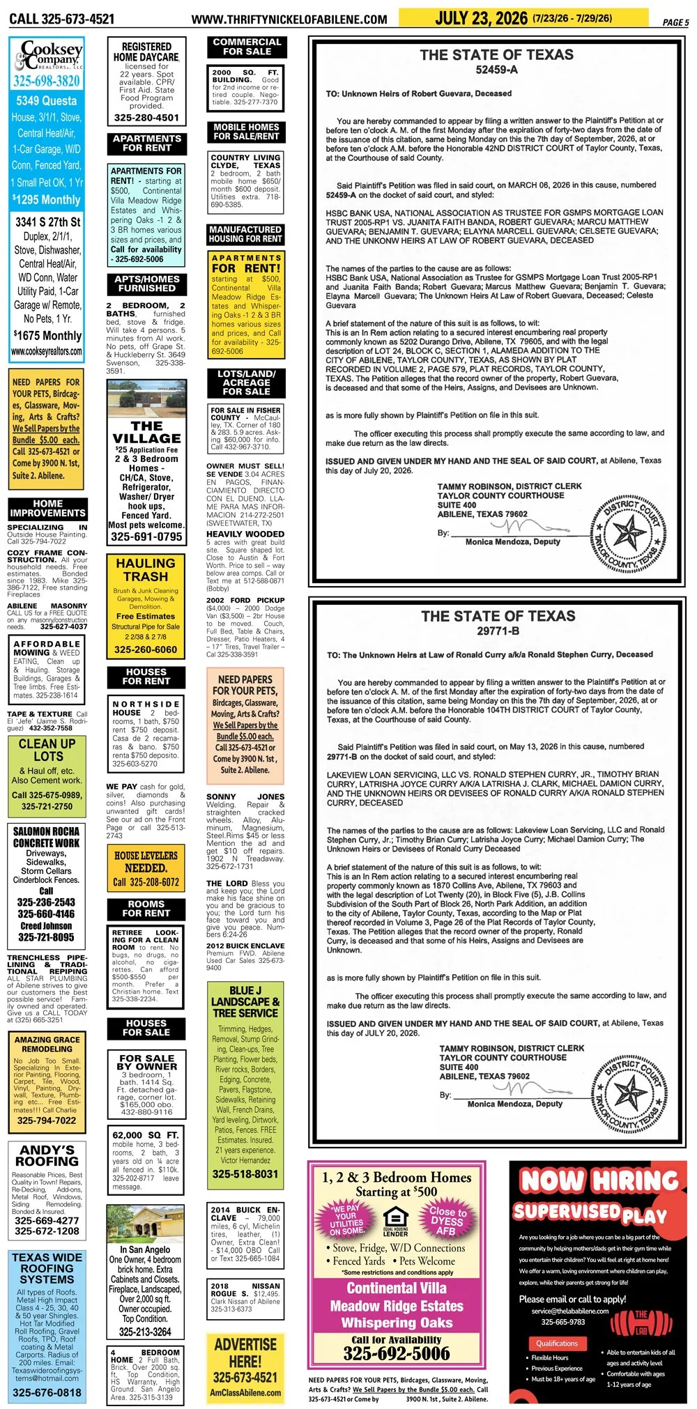 Publish public and legal notices in Abilene, Texas, and 30+ surrounding counties with fast, reliable placement in trusted Taylor County newspapers. We assist individuals, attorneys, and businesses with citation by publication, notice to creditors, ad