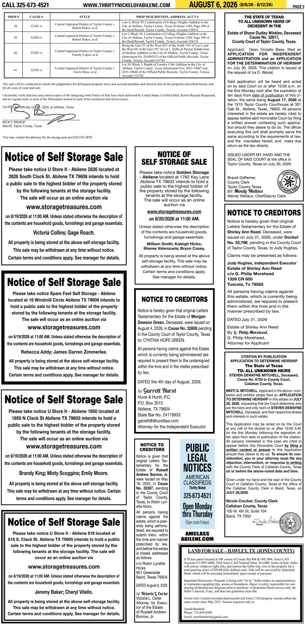 Publish public and legal notices in Abilene, Texas, and 30+ surrounding counties with fast, reliable placement in trusted Taylor County newspapers. We assist individuals, attorneys, and businesses with citation by publication, notice to creditors, ad