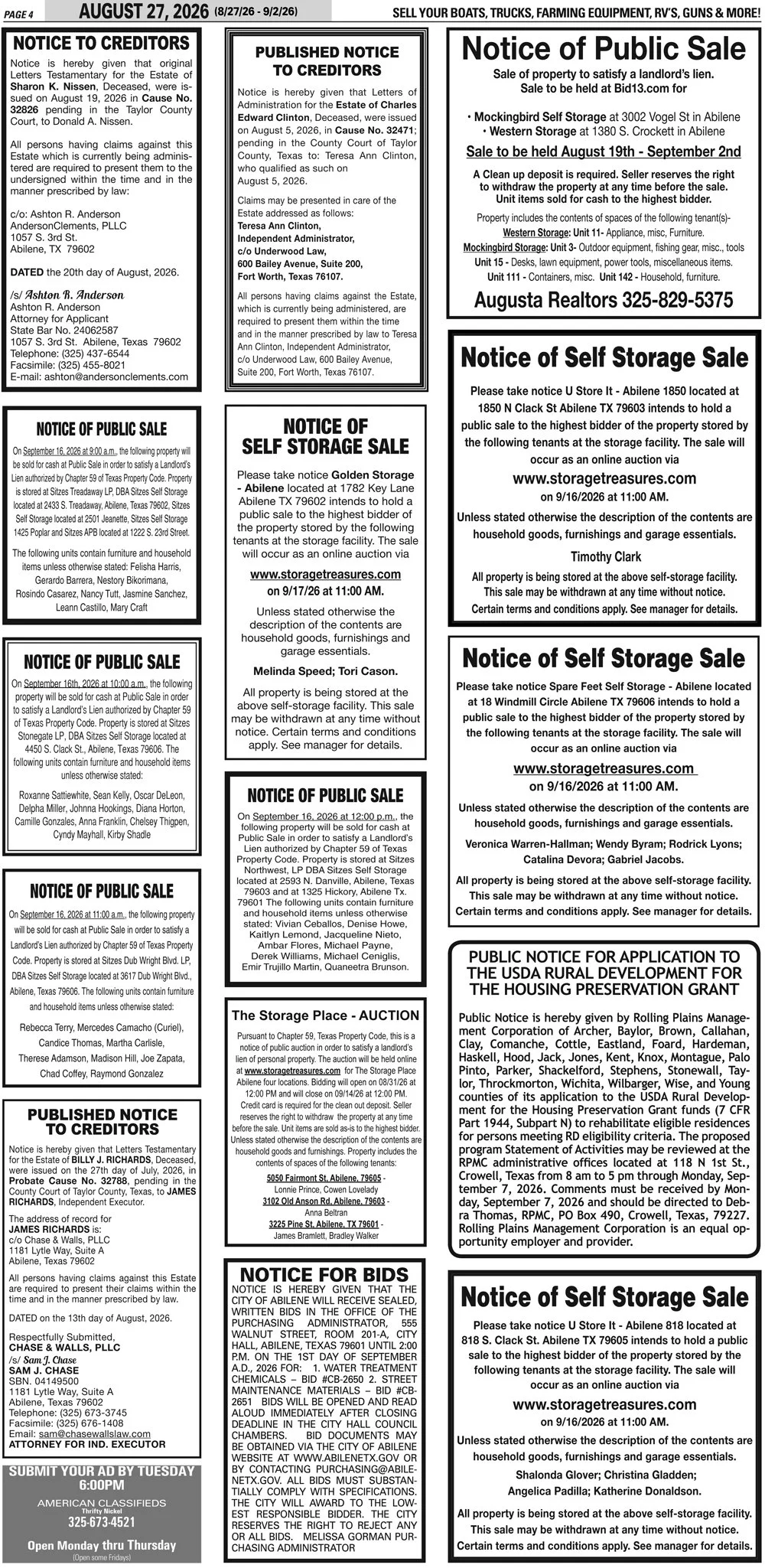 Publish public and legal notices in Abilene, Texas, and 30+ surrounding counties with fast, reliable placement in trusted Taylor County newspapers. We assist individuals, attorneys, and businesses with citation by publication, notice to creditors, ad
