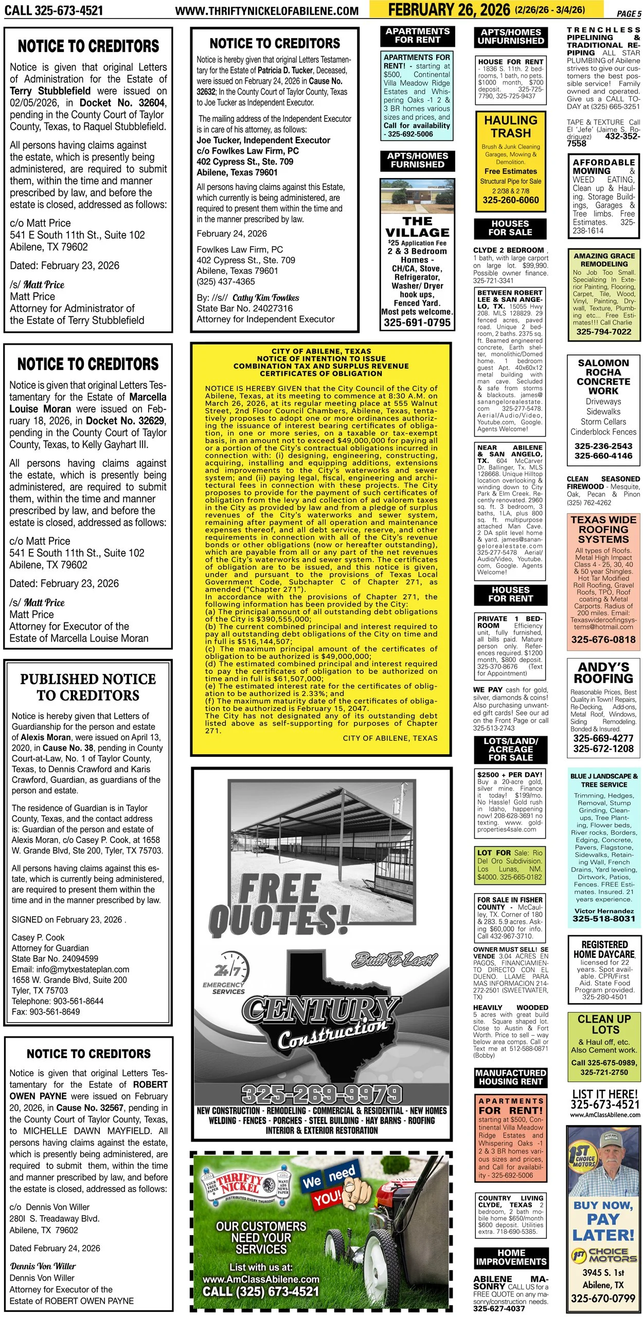 Publish public and legal notices in Abilene, Texas, and 30+ surrounding counties with fast, reliable placement in trusted Taylor County newspapers. We assist individuals, attorneys, and businesses with citation by publication, notice to creditors, ad
