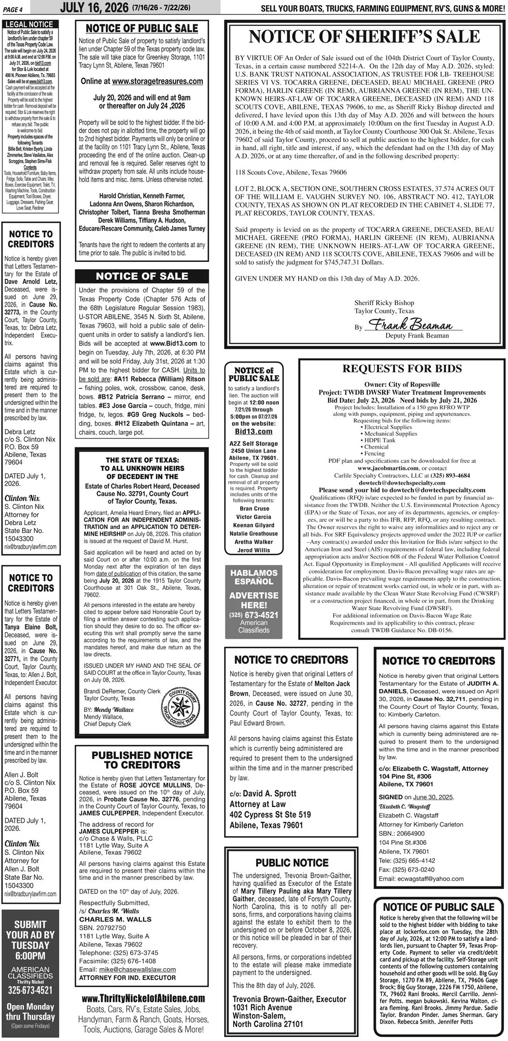 Publish public and legal notices in Abilene, Texas, and 30+ surrounding counties with fast, reliable placement in trusted Taylor County newspapers. We assist individuals, attorneys, and businesses with citation by publication, notice to creditors, ad