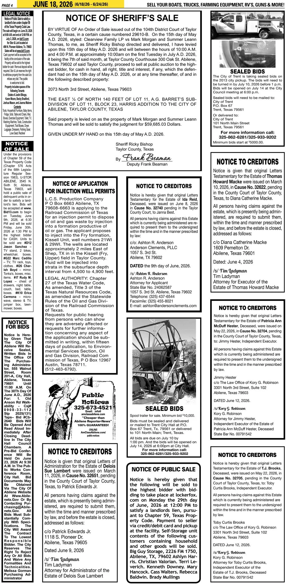 Publish public and legal notices in Abilene, Texas, and 30+ surrounding counties with fast, reliable placement in trusted Taylor County newspapers. We assist individuals, attorneys, and businesses with citation by publication, notice to creditors, ad