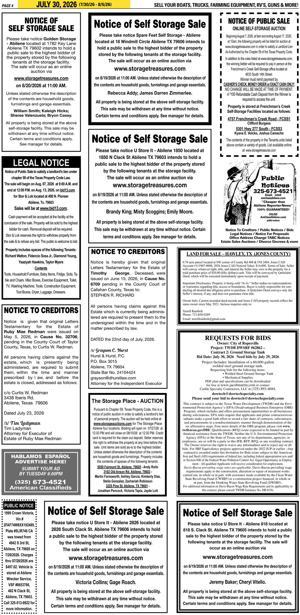 Publish public and legal notices in Abilene, Texas, and 30+ surrounding counties with fast, reliable placement in trusted Taylor County newspapers. We assist individuals, attorneys, and businesses with citation by publication, notice to creditors, ad