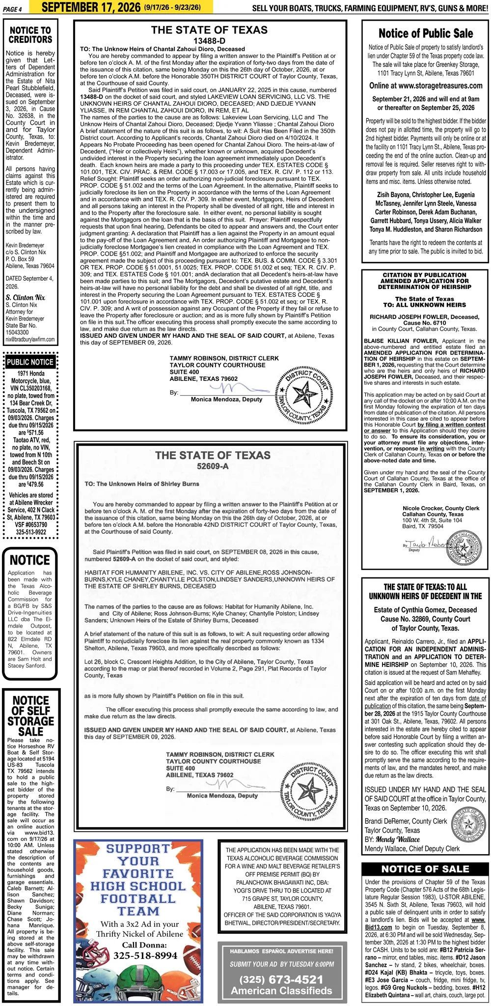 Publish public and legal notices in Abilene, Texas, and 30+ surrounding counties with fast, reliable placement in trusted Taylor County newspapers. We assist individuals, attorneys, and businesses with citation by publication, notice to creditors, ad