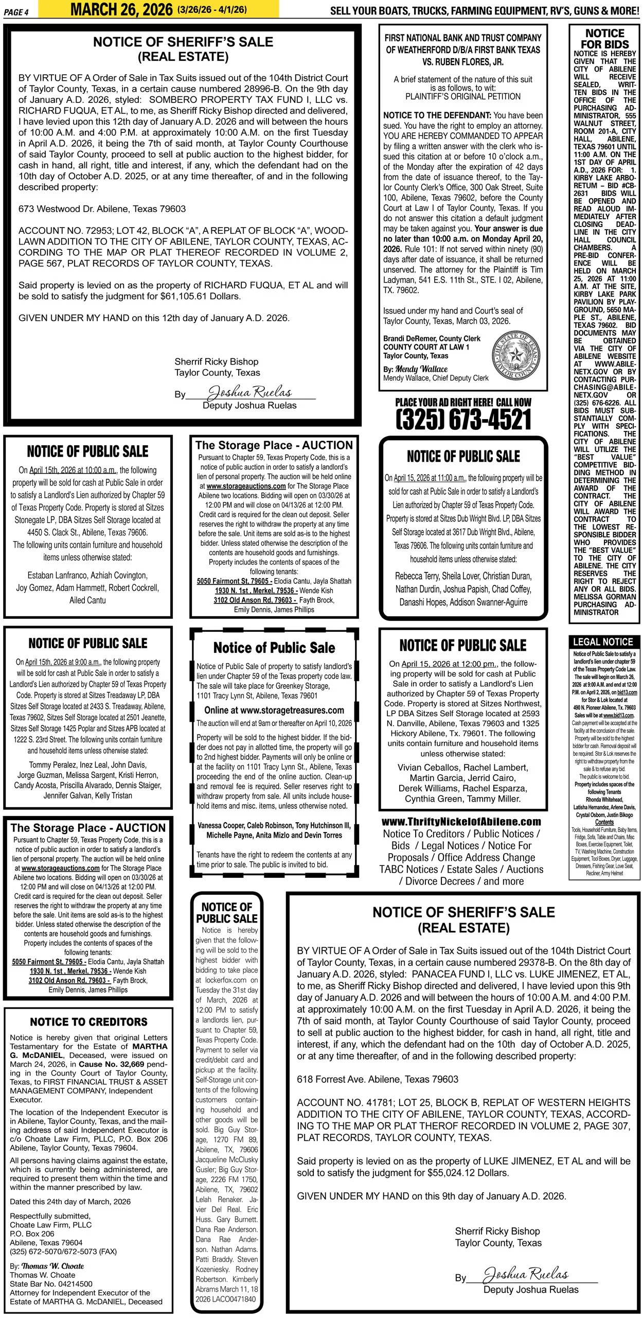 Publish public and legal notices in Abilene, Texas, and 30+ surrounding counties with fast, reliable placement in trusted Taylor County newspapers. We assist individuals, attorneys, and businesses with citation by publication, notice to creditors, ad