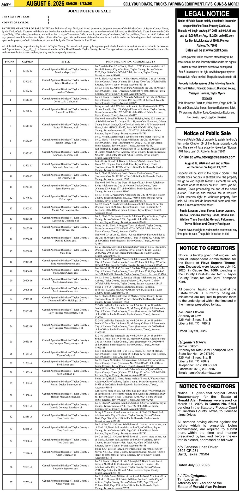 Publish public and legal notices in Abilene, Texas, and 30+ surrounding counties with fast, reliable placement in trusted Taylor County newspapers. We assist individuals, attorneys, and businesses with citation by publication, notice to creditors, ad