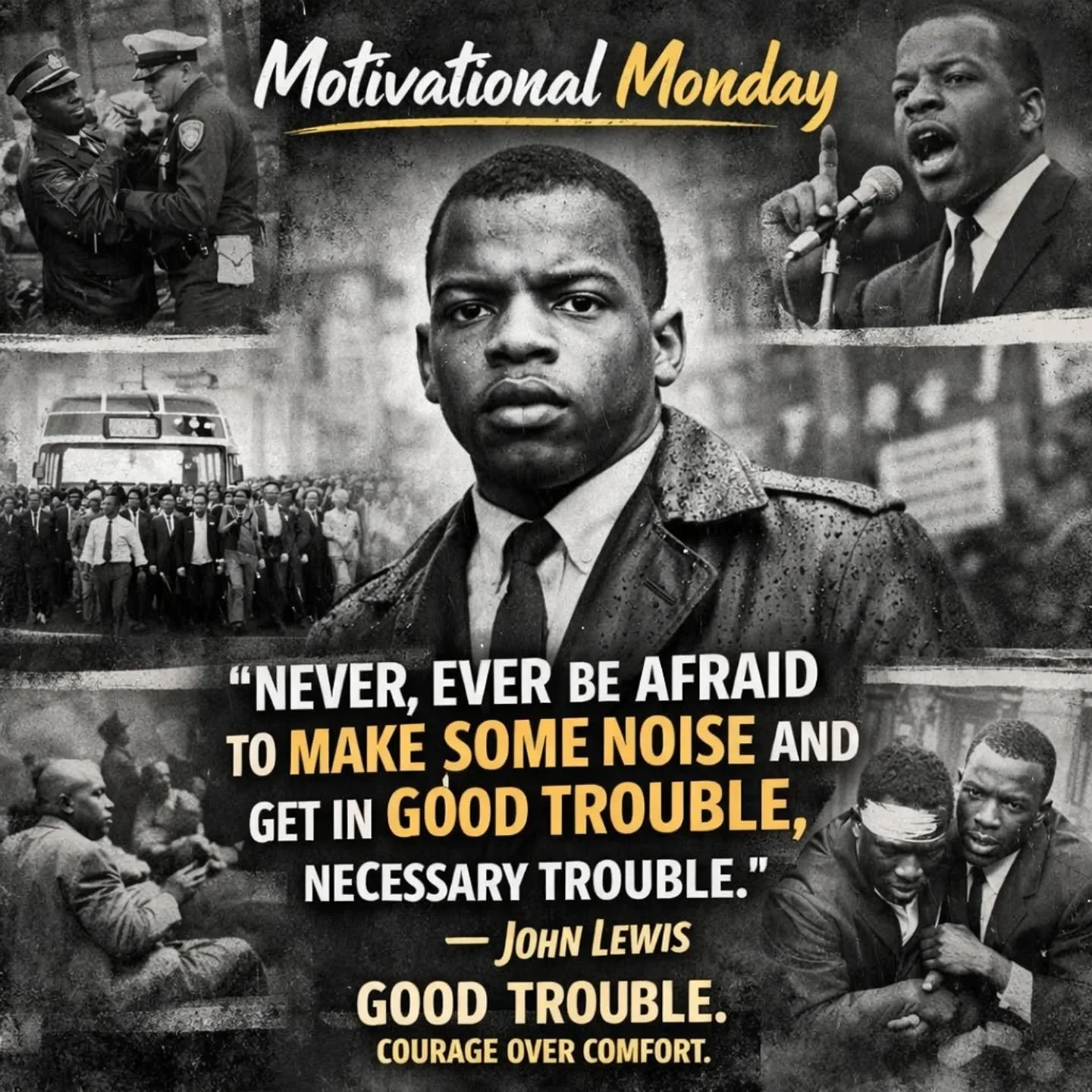 Motivational Monday ✊🏾

&ldquo;Never, ever be afraid to make some noise and get in good trouble, necessary trouble.&rdquo;
&ndash; John Lewis

Good trouble isn&rsquo;t loud for attention.
It&rsquo;s loud for justice.
It&rsquo;s standing up when it w