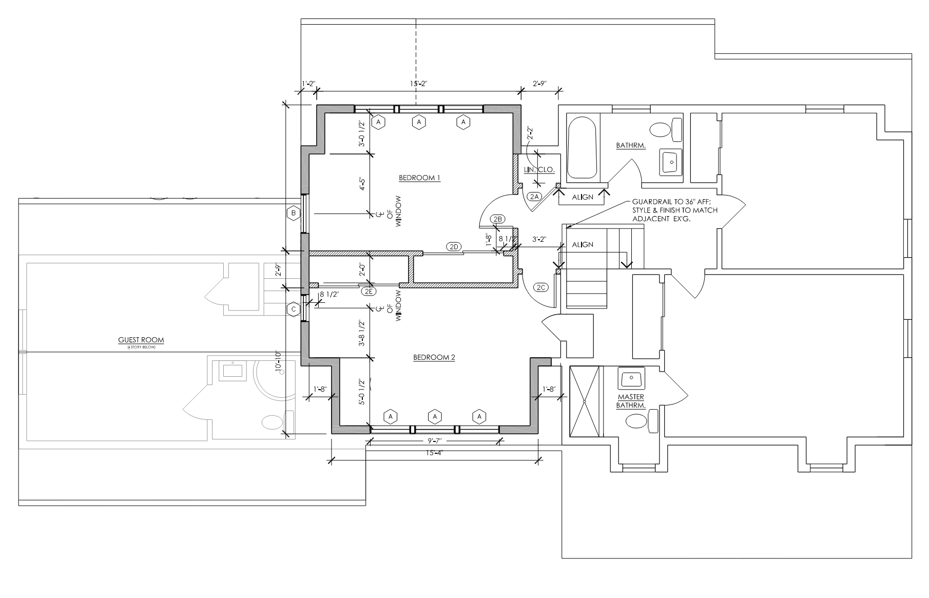 Floor plan of a house showing two bedrooms, a guest room, two bathrooms, a staircase, and various interior details with measurements.