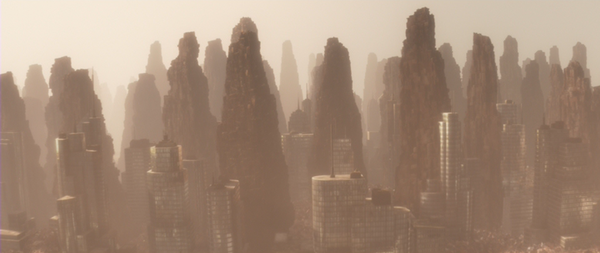 An image from the movie Wall-E with skyscrapers next to piles of trash that are higher