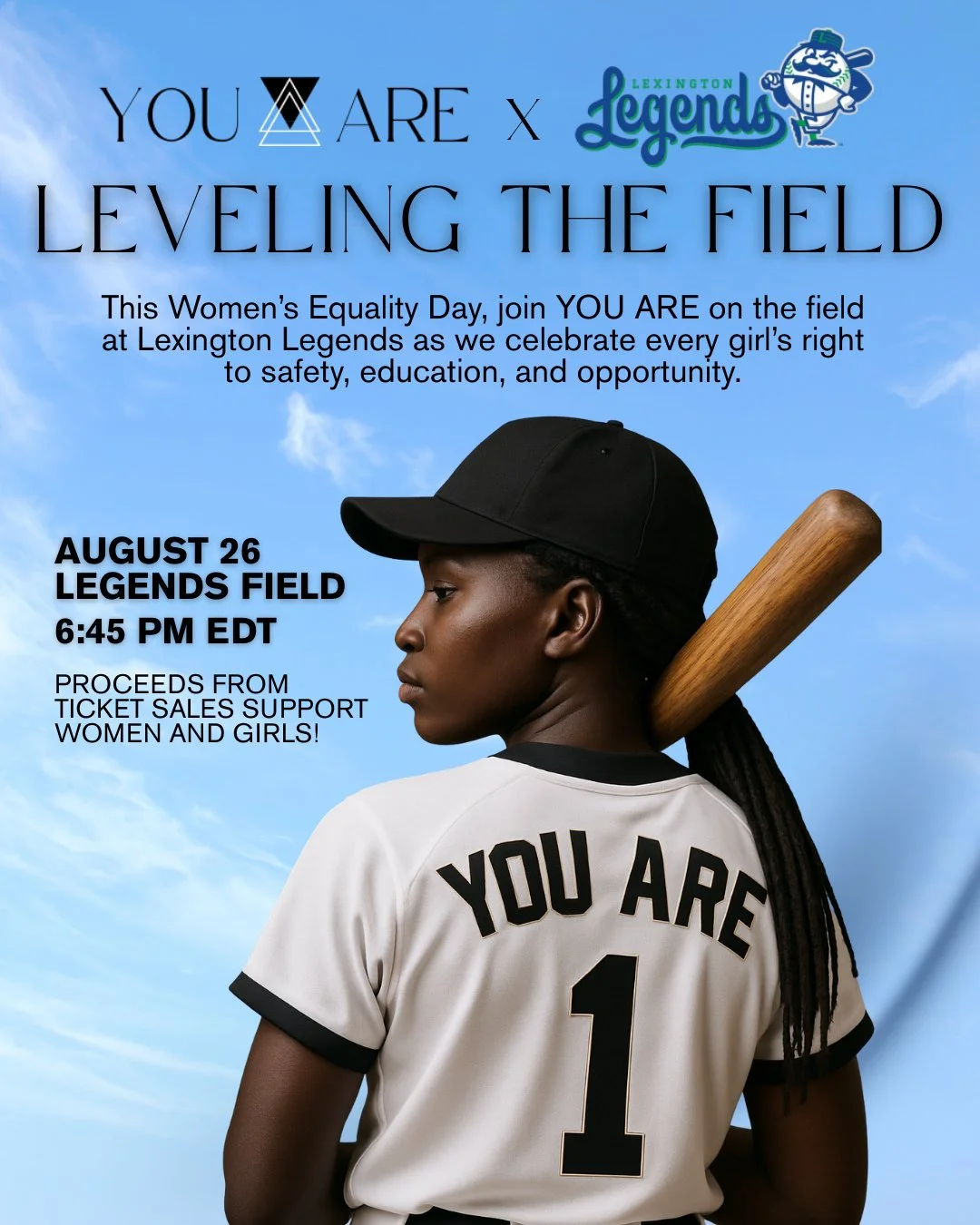 Can we take you out to the ball game on Women's Equality Day?⁠
⁠
Join us at the Lexington Legends game on August 26 as we take the field to honor every girl&rsquo;s right to safety, education, and opportunity.⁠
⁠
Ticket sales directly support women a