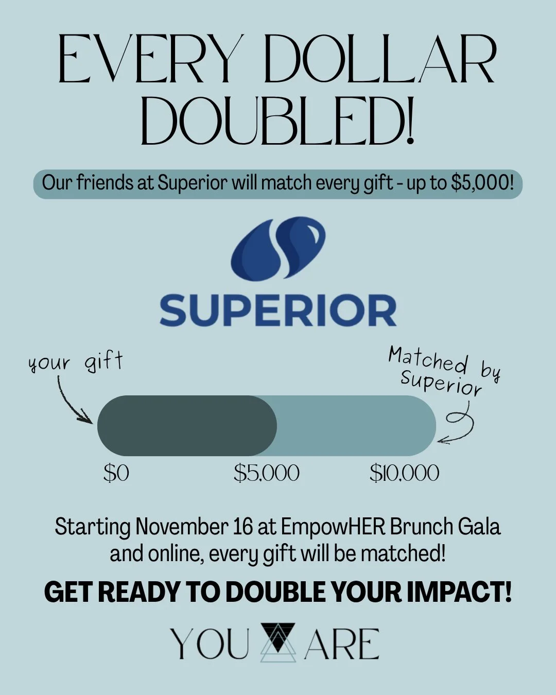 We&rsquo;ve been keeping a secret&hellip; and it&rsquo;s too good to wait!⁠
⁠
On November 16th, every dollar you give will be matched up to $5,000, thanks to our friends at Superior! That means your support goes TWICE as far in empowering women and g