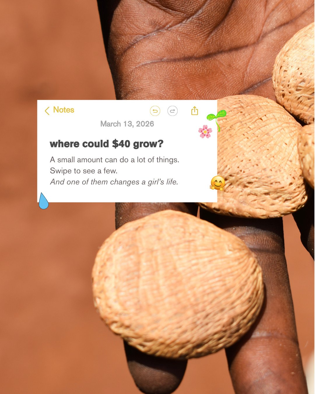 Every dollar we spend is a seed.⁠
⁠
It can go toward coffee.⁠
A dinner out.⁠
Something small for ourselves.⁠
⁠
But we&rsquo;re asking a different question:⁠
⁠
What could $40 grow?⁠
⁠
Join our Water The Seeds campaign so your $40 could provide safe ho