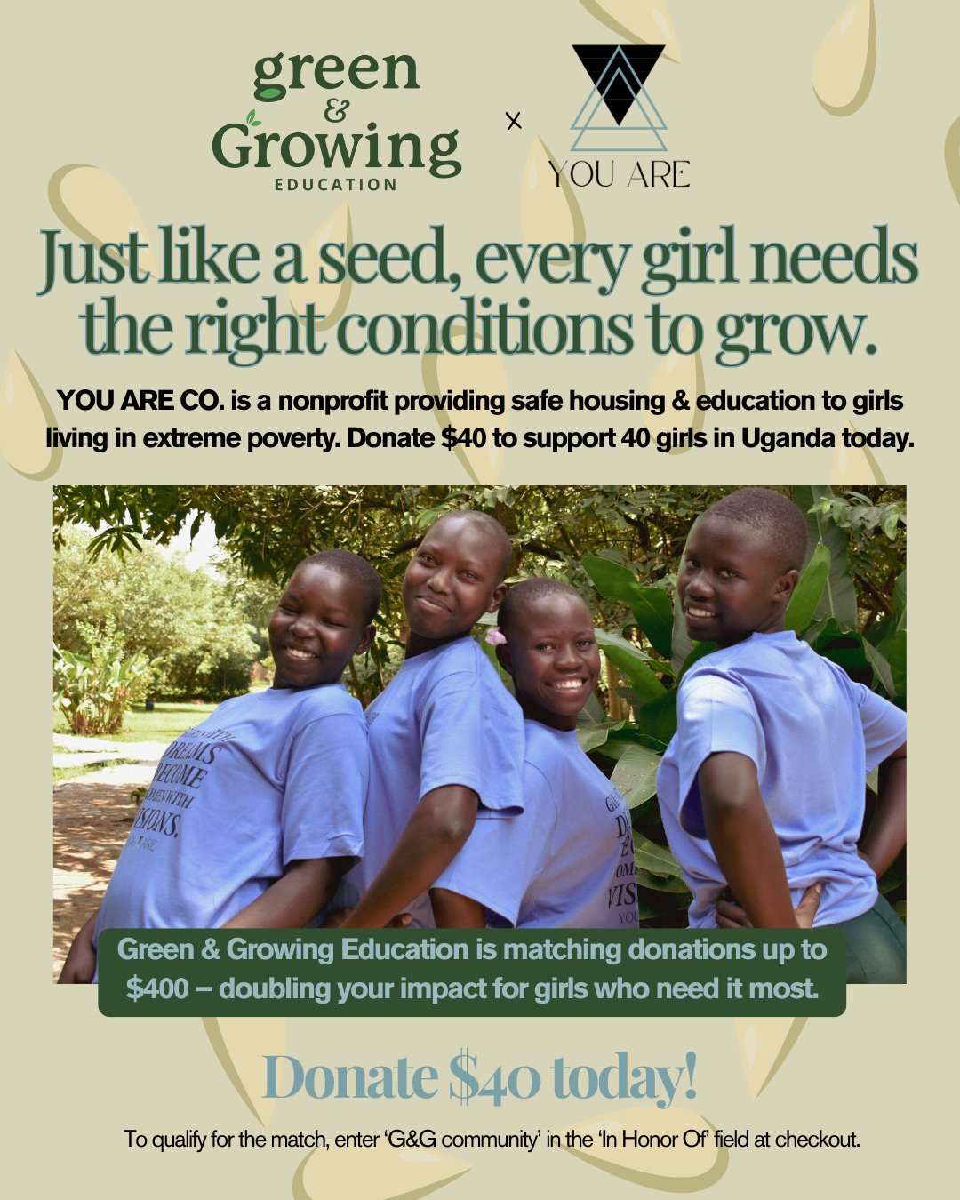 As agriculture teachers, you know better than anyone...the right conditions help anything grow. 🌱⁠
⁠
@youare.co is a nonprofit providing safe housing &amp; education to girls living in extreme poverty in Uganda. Right now, they are in the middle of 