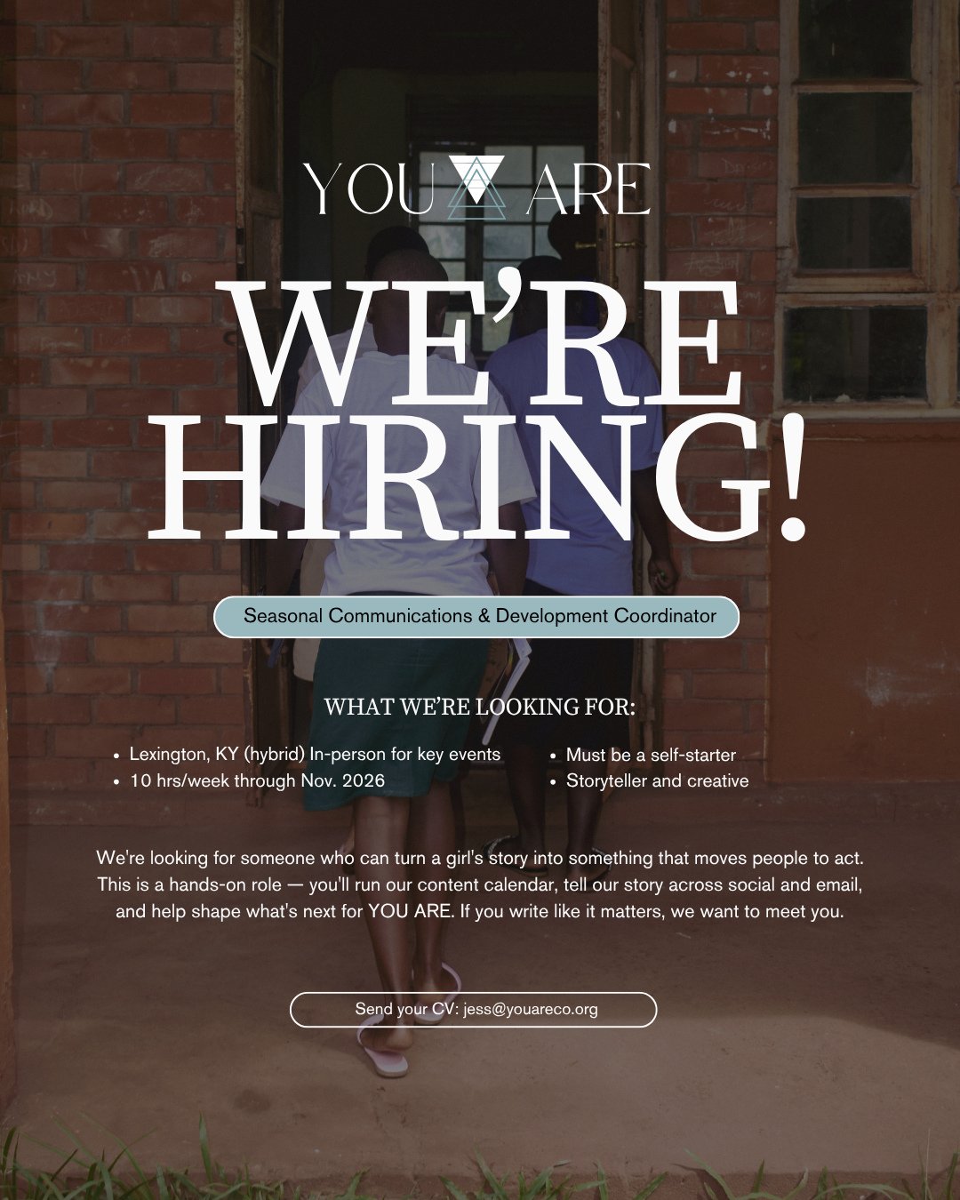 We're hiring! 🩵⁠
⁠
Behind every post, every newsletter, every campaign is a girl in Uganda whose future is being rewritten, and we're looking for someone who can help tell that story.⁠
⁠
We're bringing on a Seasonal Communications &amp; Development 