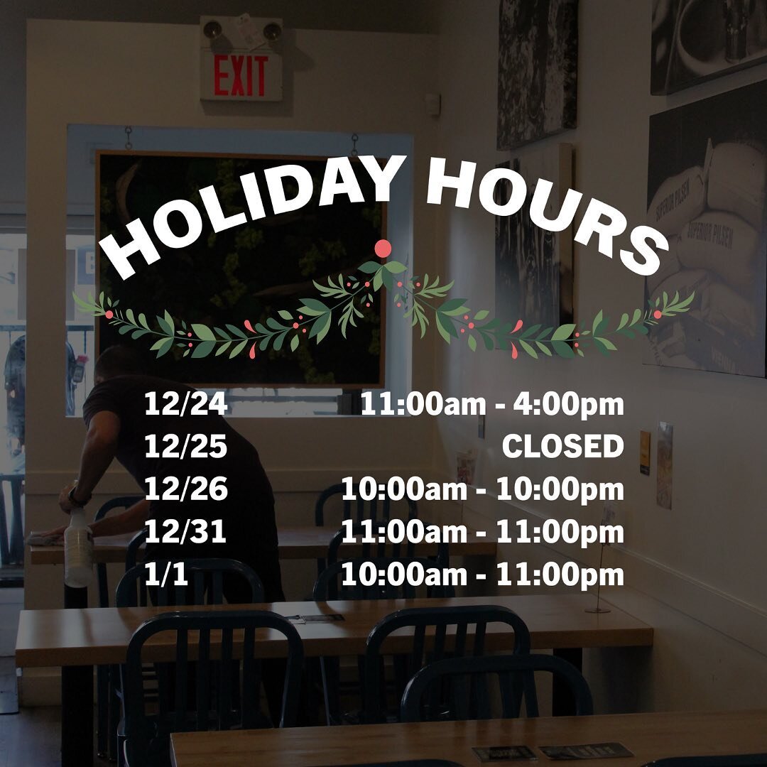 🎁Holiday Hours🎁

Ho ho ho! Our hours aren&rsquo;t changing too much for the holidays, but we will be closing early on Christmas Eve and closed all day on Christmas. Aside from those changes, we&rsquo;ve got you covered for all your craft beer and c