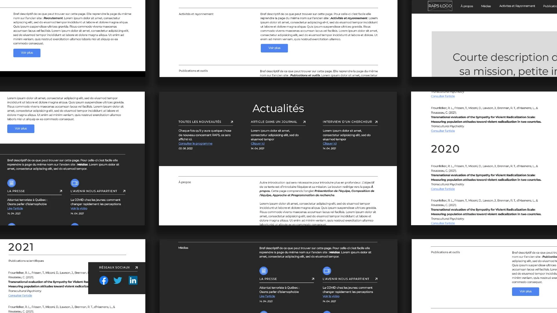 Plusieurs pages web avec du texte, obéissant à un schéma de grille, avec des boutons bleus et des sections sur les actualités, publications, médias, et une navigation diverses.