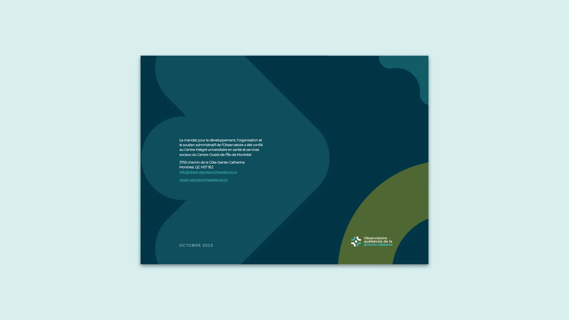 Couverture d'un rapport d'octobre 2023 avec le logo de l'Observatoire québécois de la proche aidance, texte en français sur un fond coloré avec des formes abstraites.