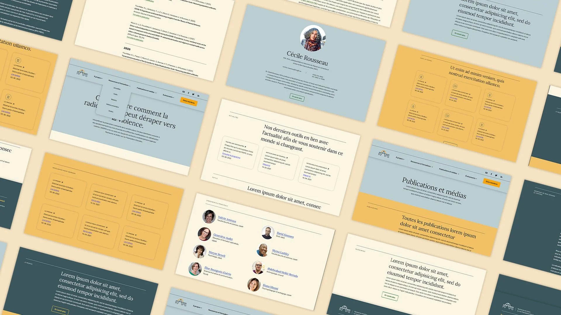 Collection de plusieurs pages web et documents affichés en diaporama, avec textes, images de profil et sections de contenu multicolore.