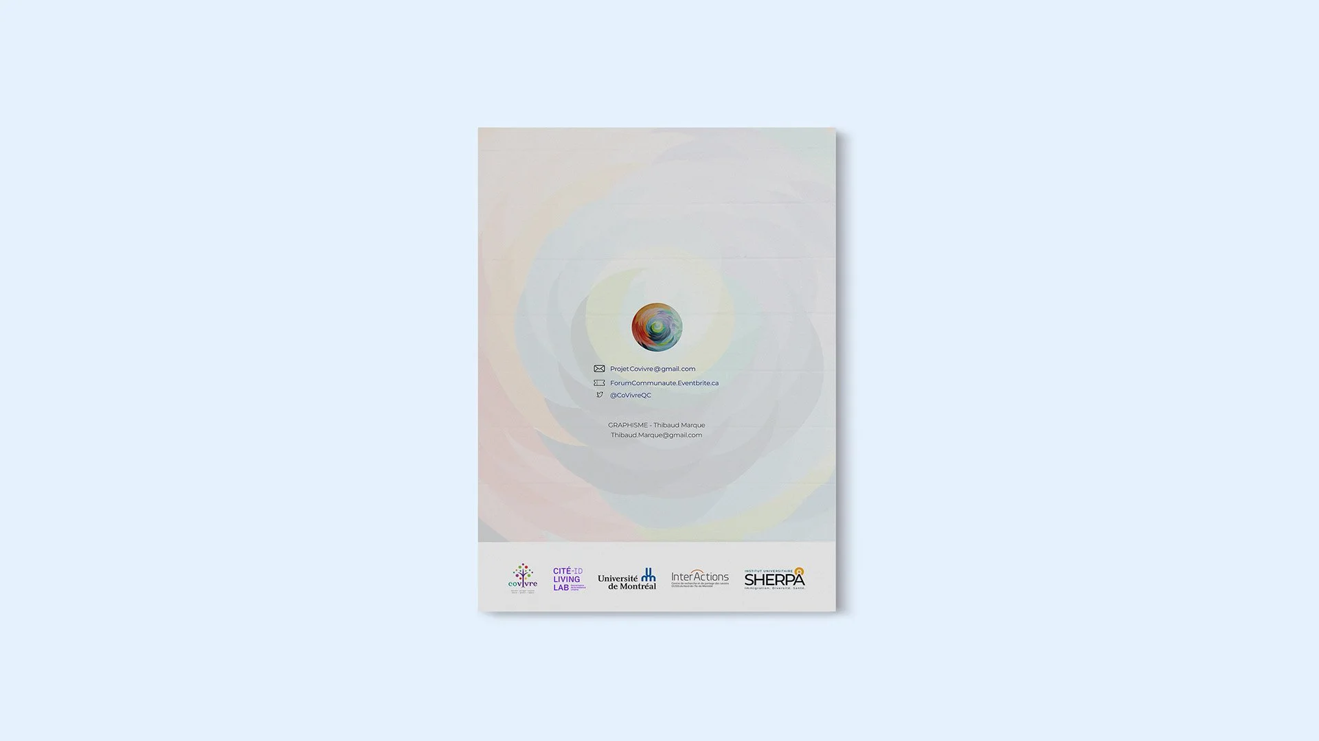 Page final du programme avec un fond pastel, un logo coloré central, et des contacts en dessous, incluant emails, réseaux sociaux et affiliations institutionnelles