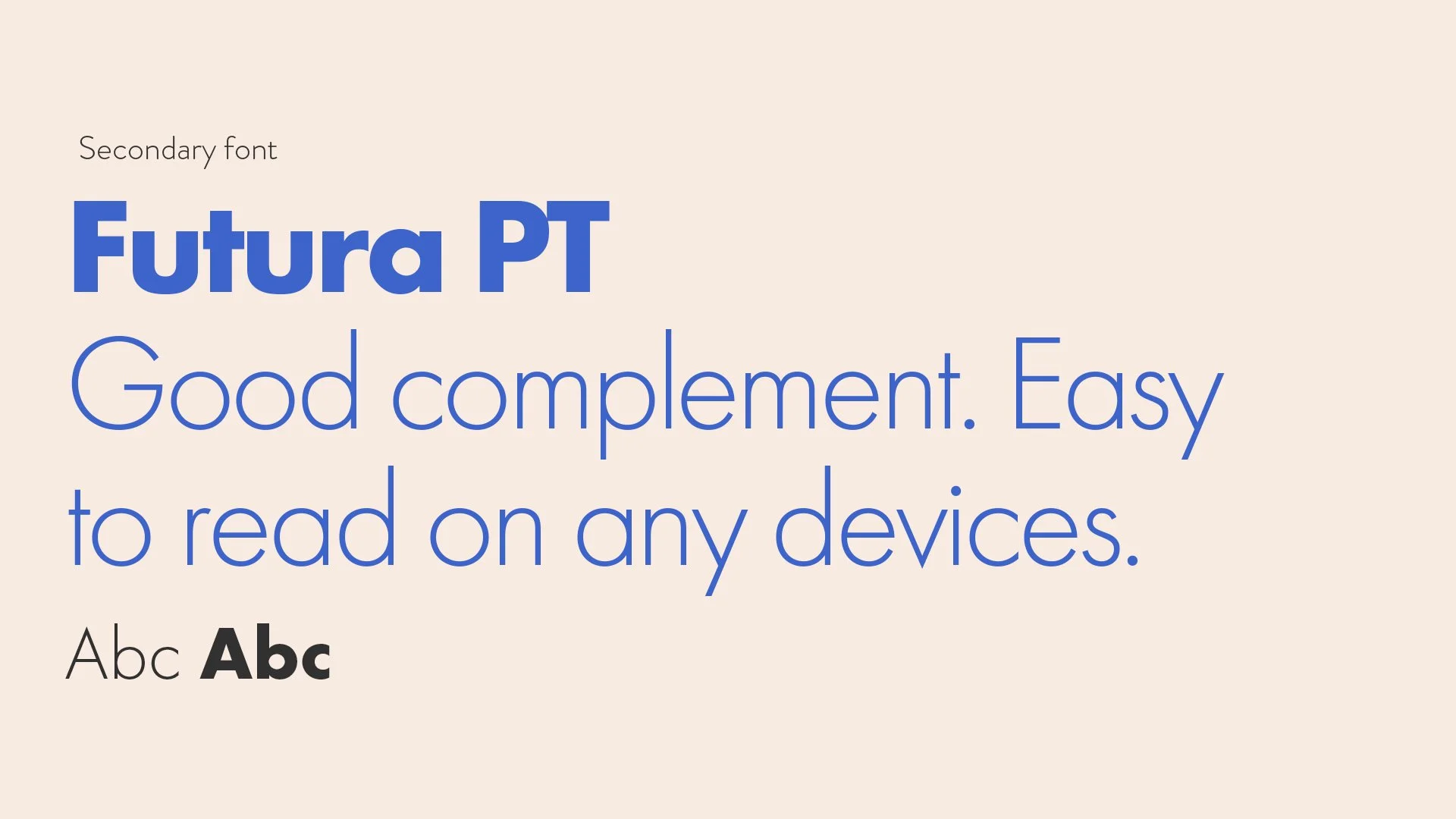 Exemple de police de caractères Futura PT avec différentes tailles et styles, montrant des textes en français sur un fond beige