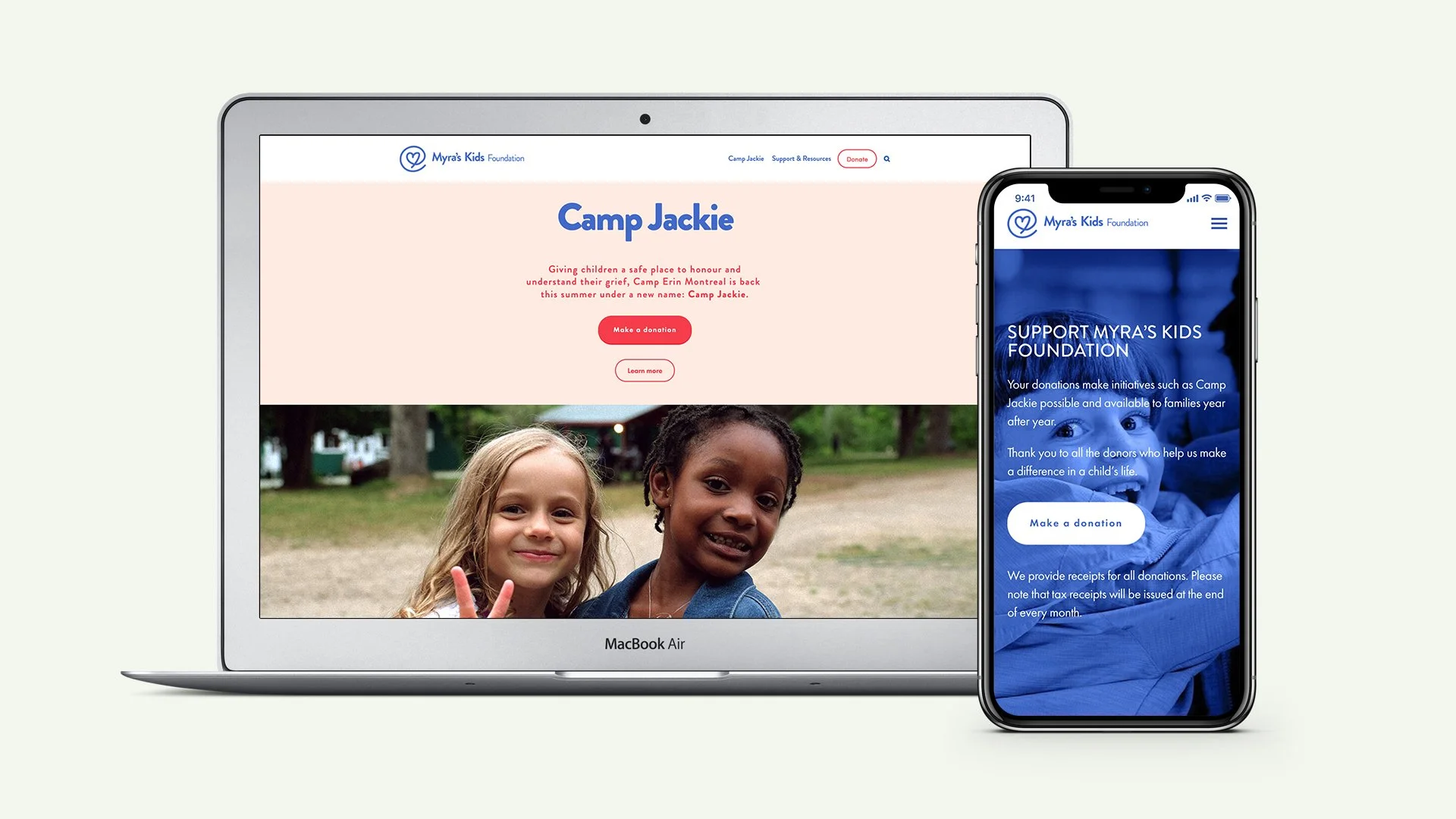 Mise en situation du site web Myra's Kid Foundation sur un macbook air et un iPhone.