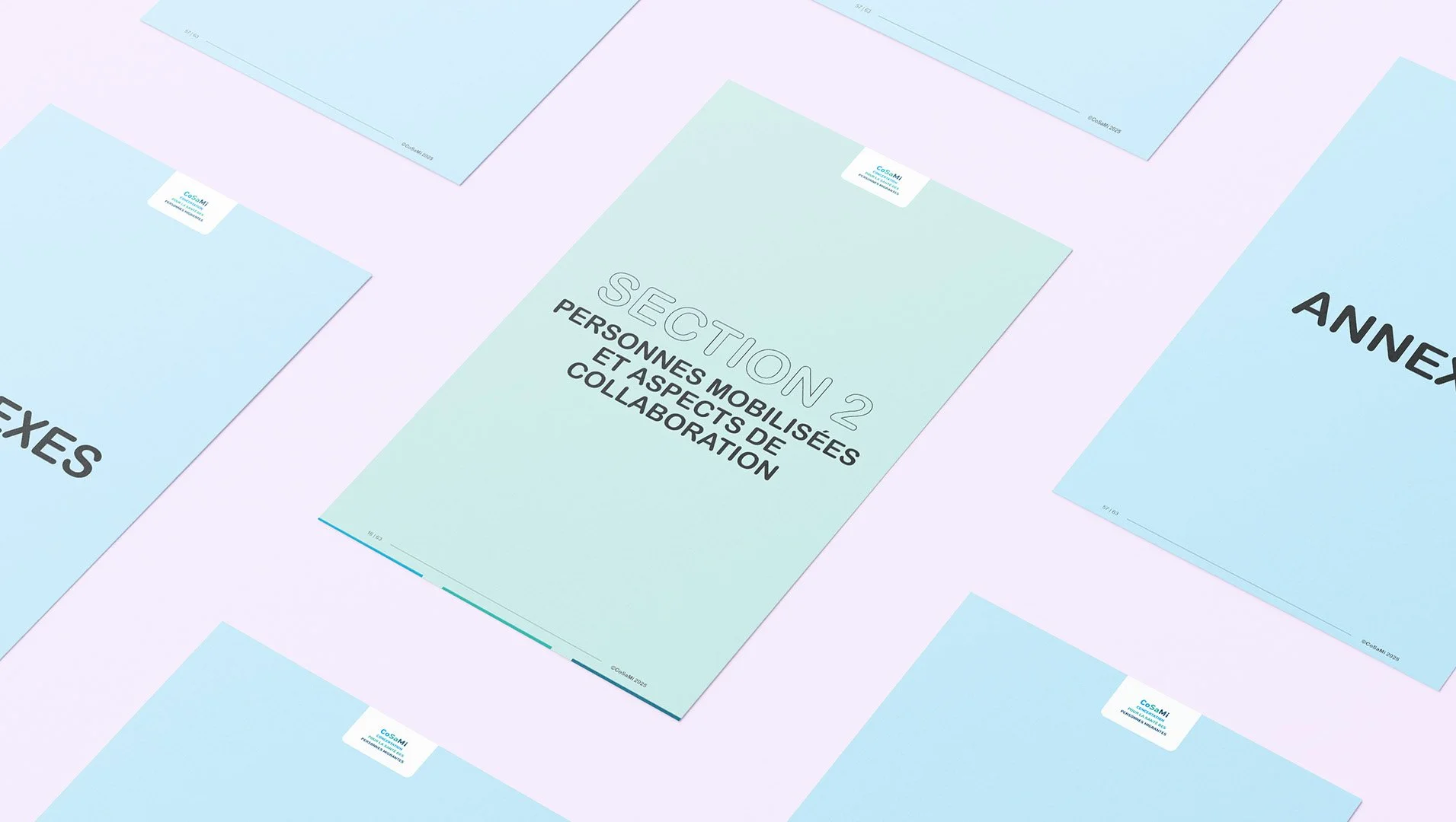 Grille de pages de section : celle du milieu est vert pastel, et les autres sont bleu pastel, posées sur un fond rose pastel.