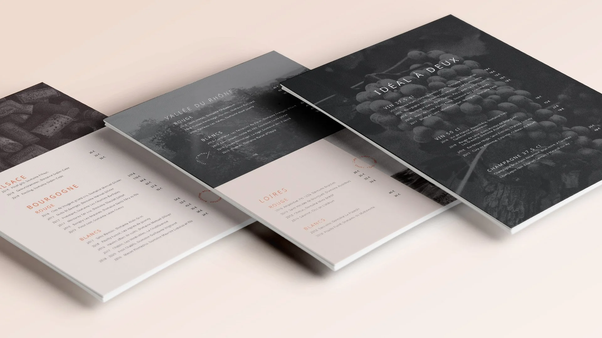 Menus de dégustation de vin en format brochure avec différentes régions viticoles, couleurs et images de vignes et raisins.