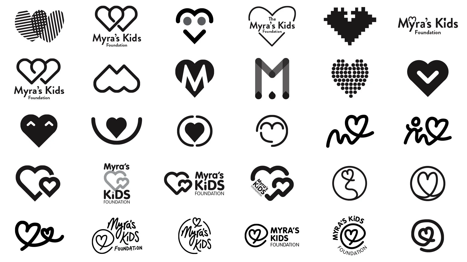 Tentative de logos en noir et blanc de la fondation Myra's Kids, comportant divers icônes de cœurs, de motifs pixelisés, et variantes de textes avec le nom de la fondation.