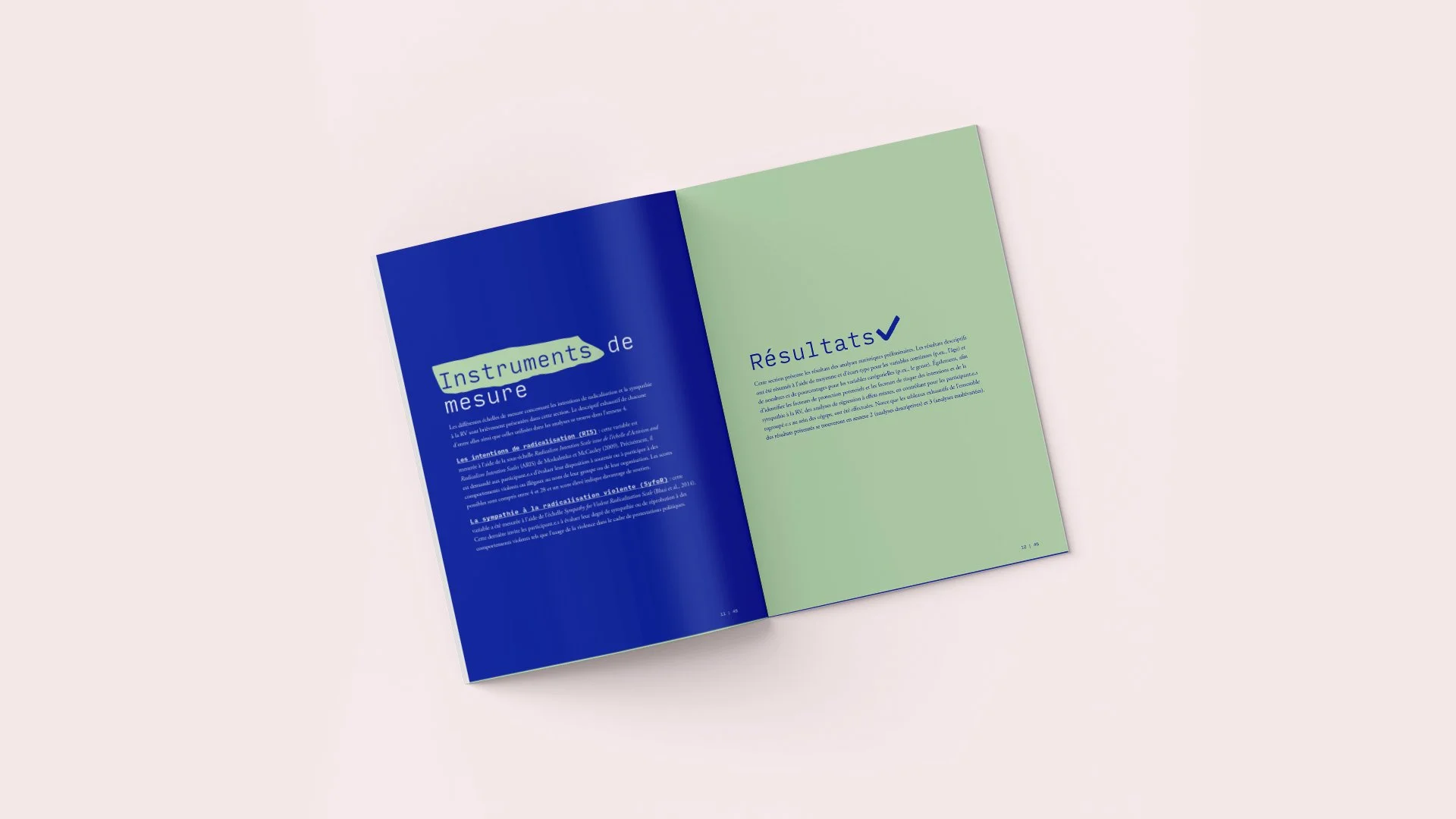 Rapport ouvert avec sections titrées 'Instruments de mesure' sur fond bleu à gauche, et 'Résultats' sur fond vert à droite, dans un environnement clair.